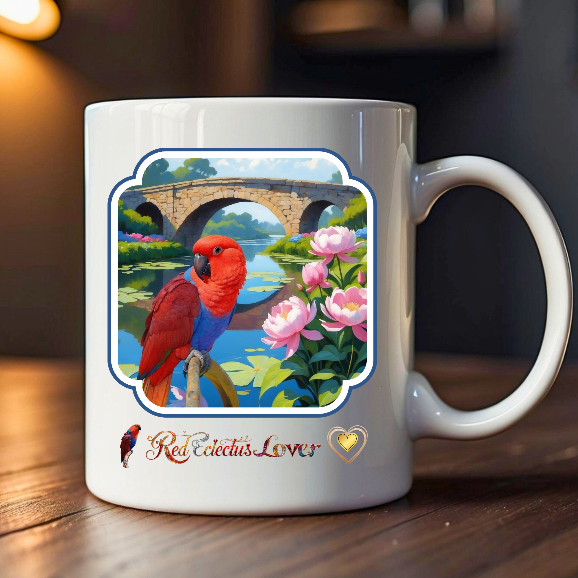 Red Eclectus Lover Bridge Scenic Mug