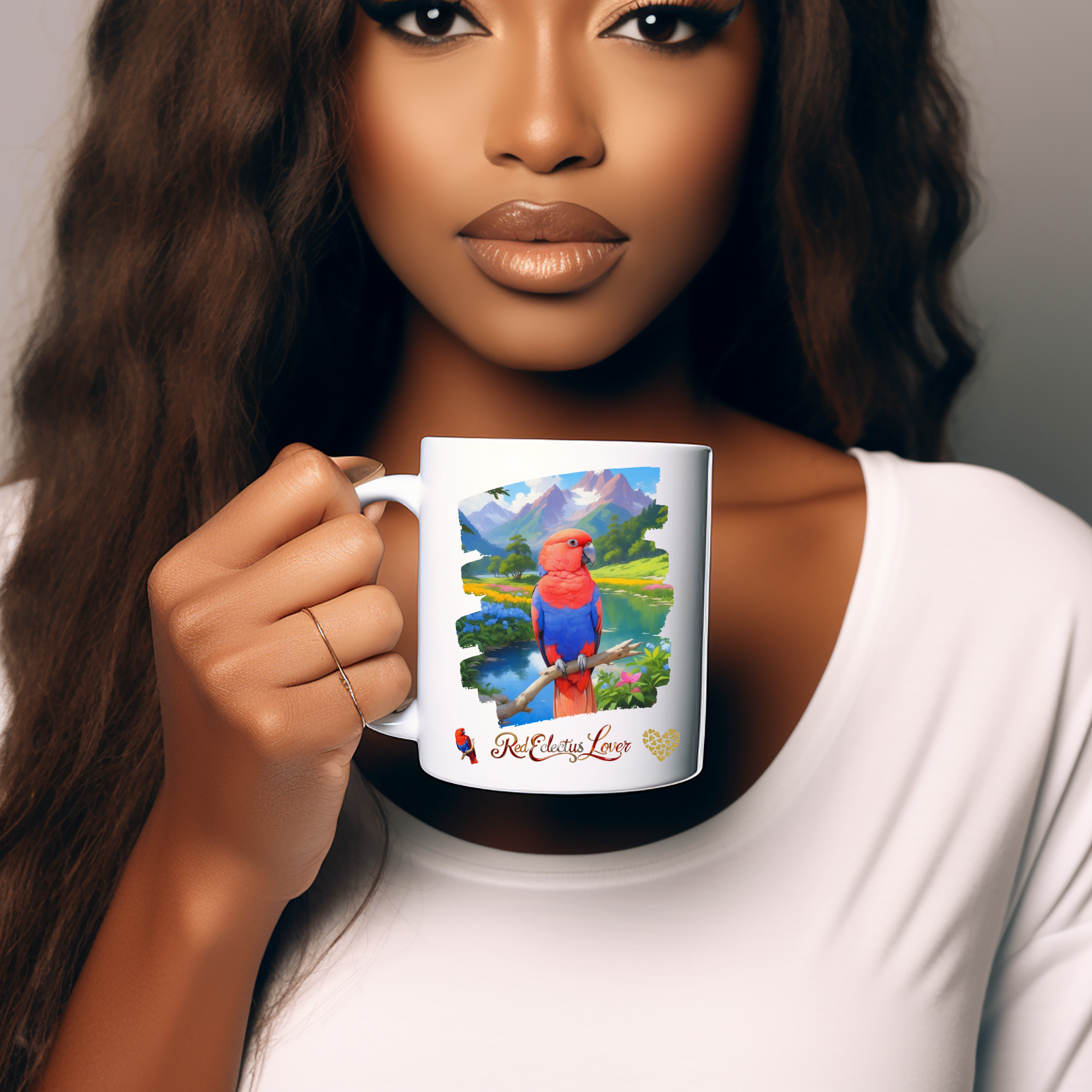 Red Eclectus Lover Mountain Lake Mug