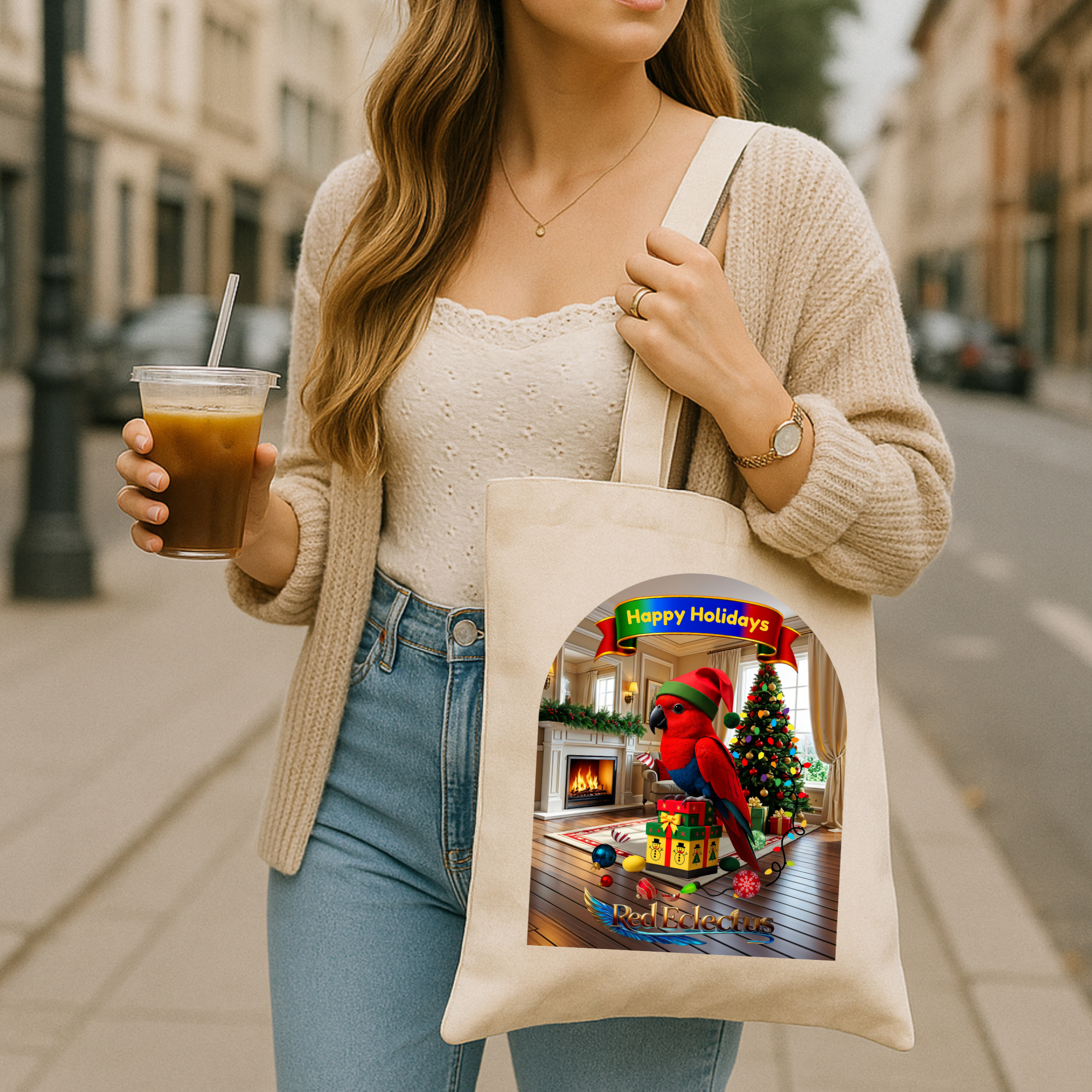 Happy Holidays Red Eclectus Tote Bag