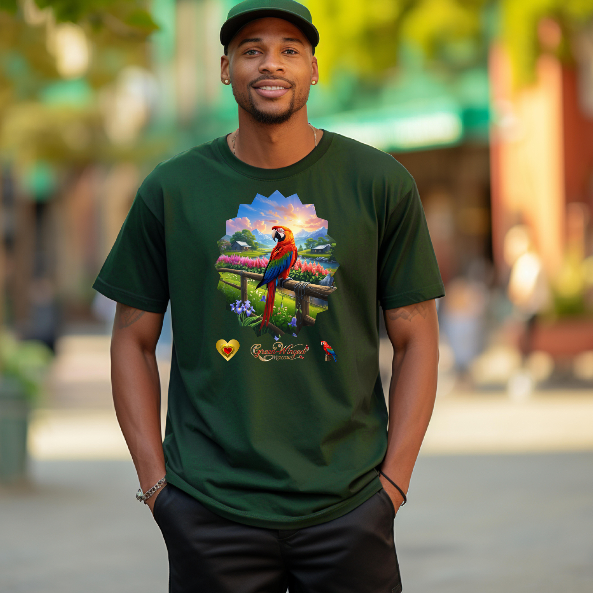 Green Winged Macaw Floral Scenic T-Shirt