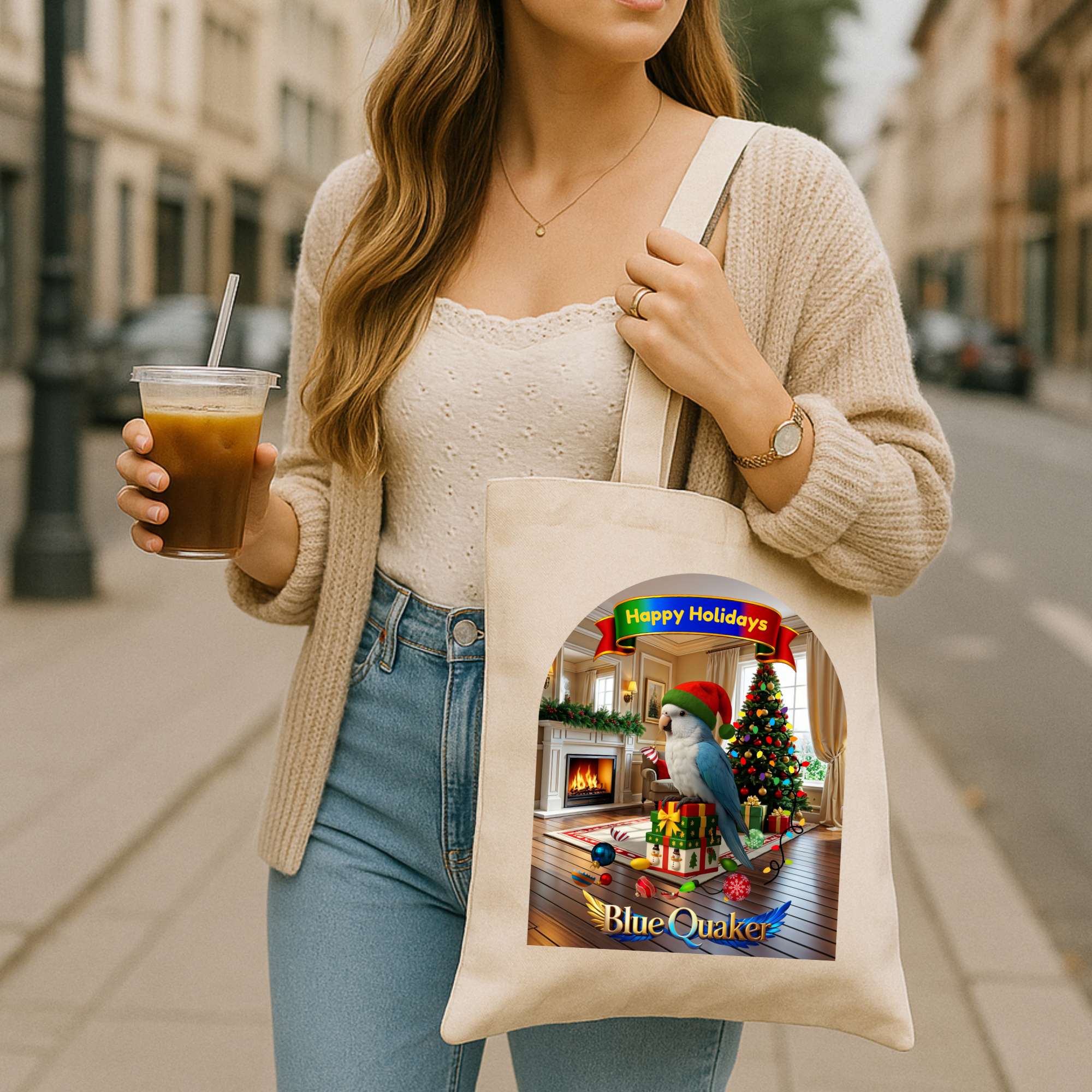 Happy Holidays Blue Quaker Tote Bag