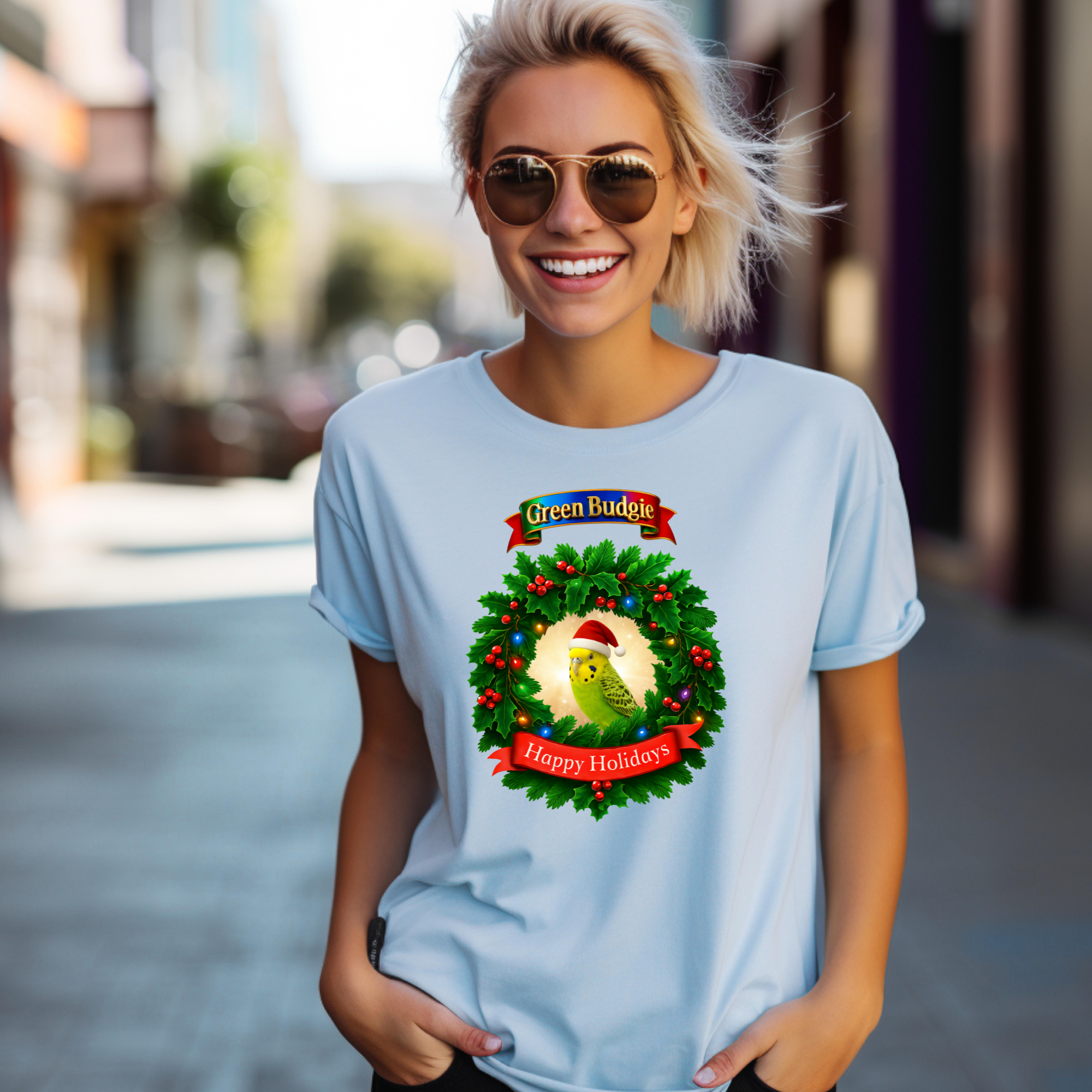 Green Budgie Happy Holidays T-Shirt