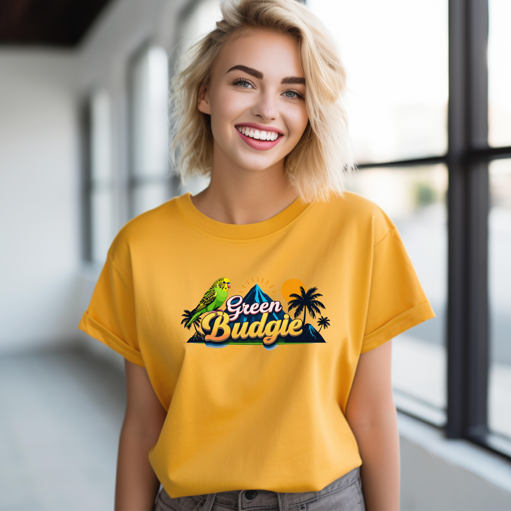 Green Budgie Sunset Island T-Shirt