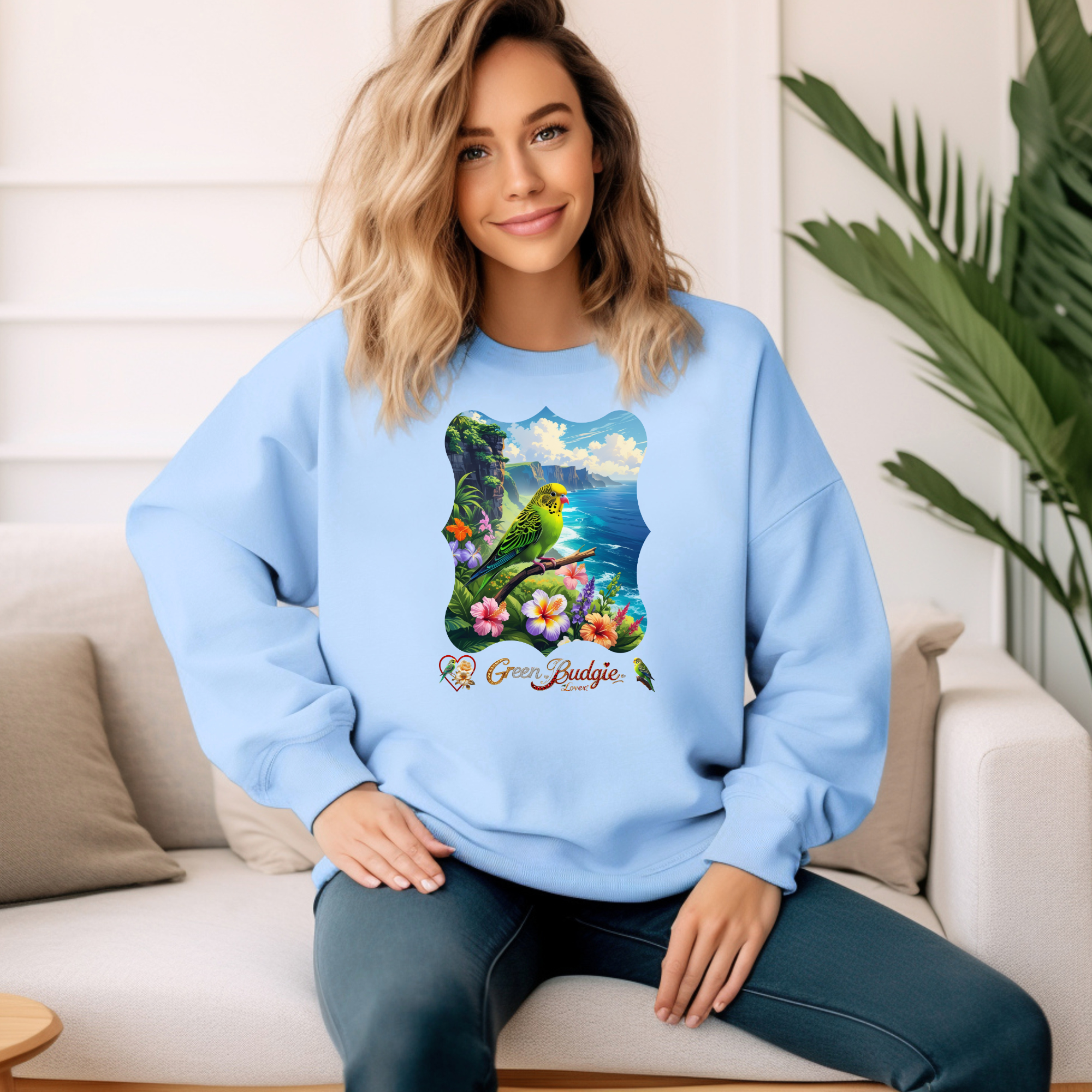 Green Budgie Lover Floral Sweatshirt