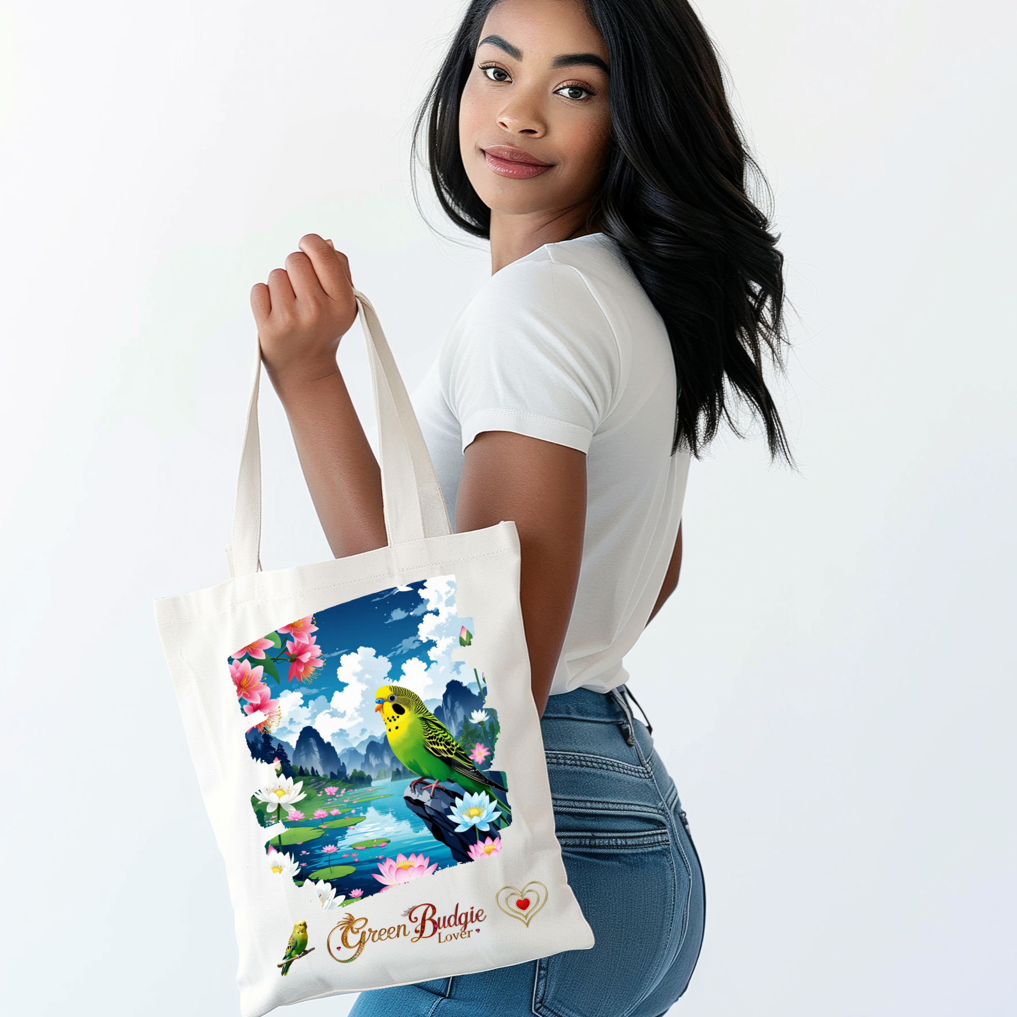 Green Budgie Lover Floral Tote Bag