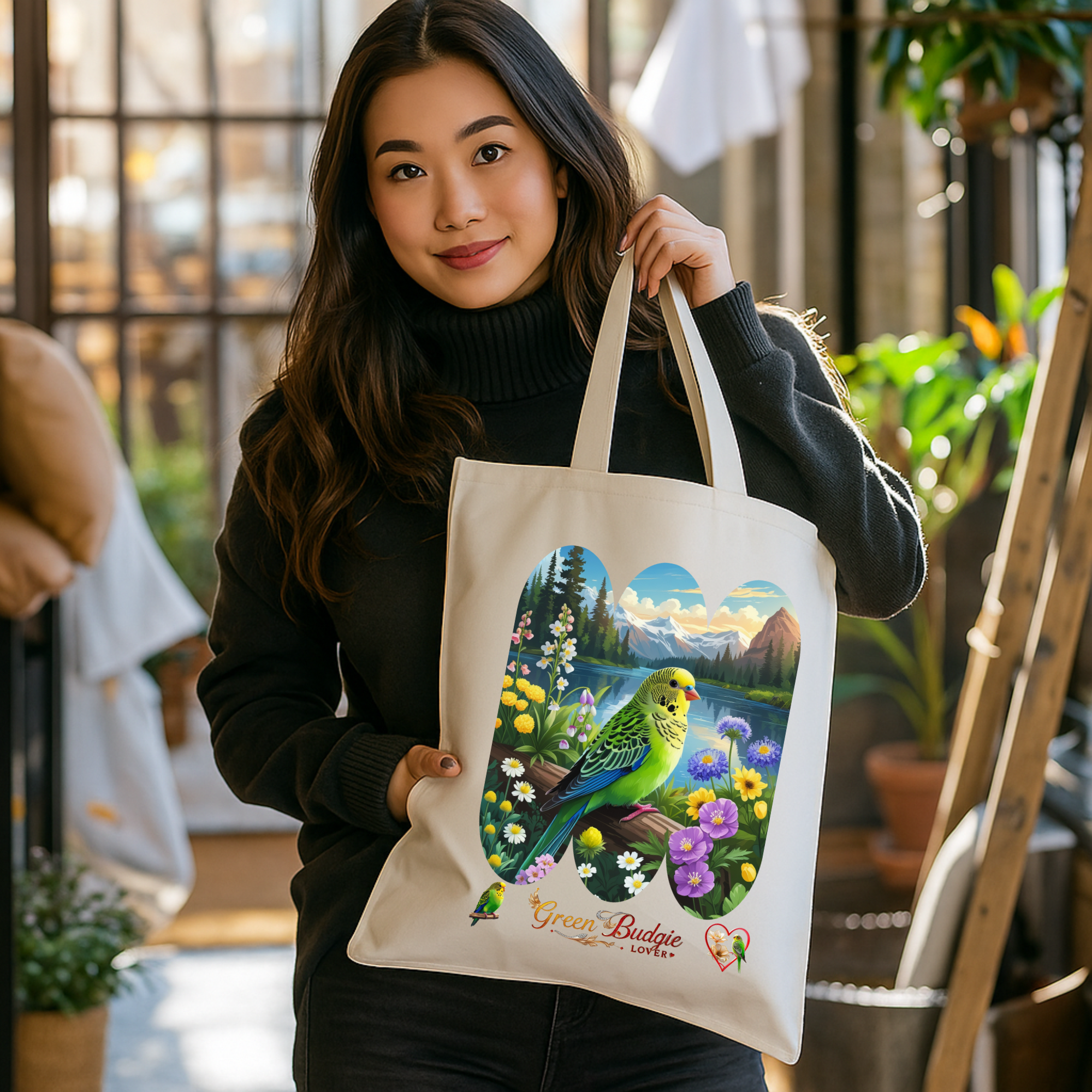 Green Budgie Lover Floral Tote Bag
