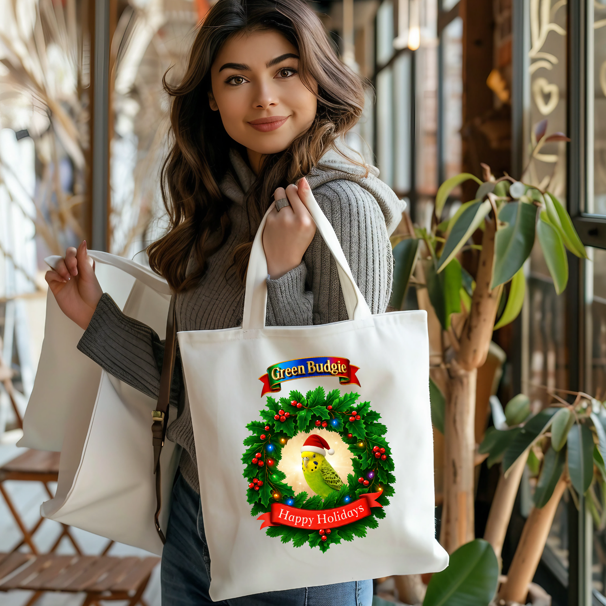 Happy Holidays Green Budgie Tote Bag