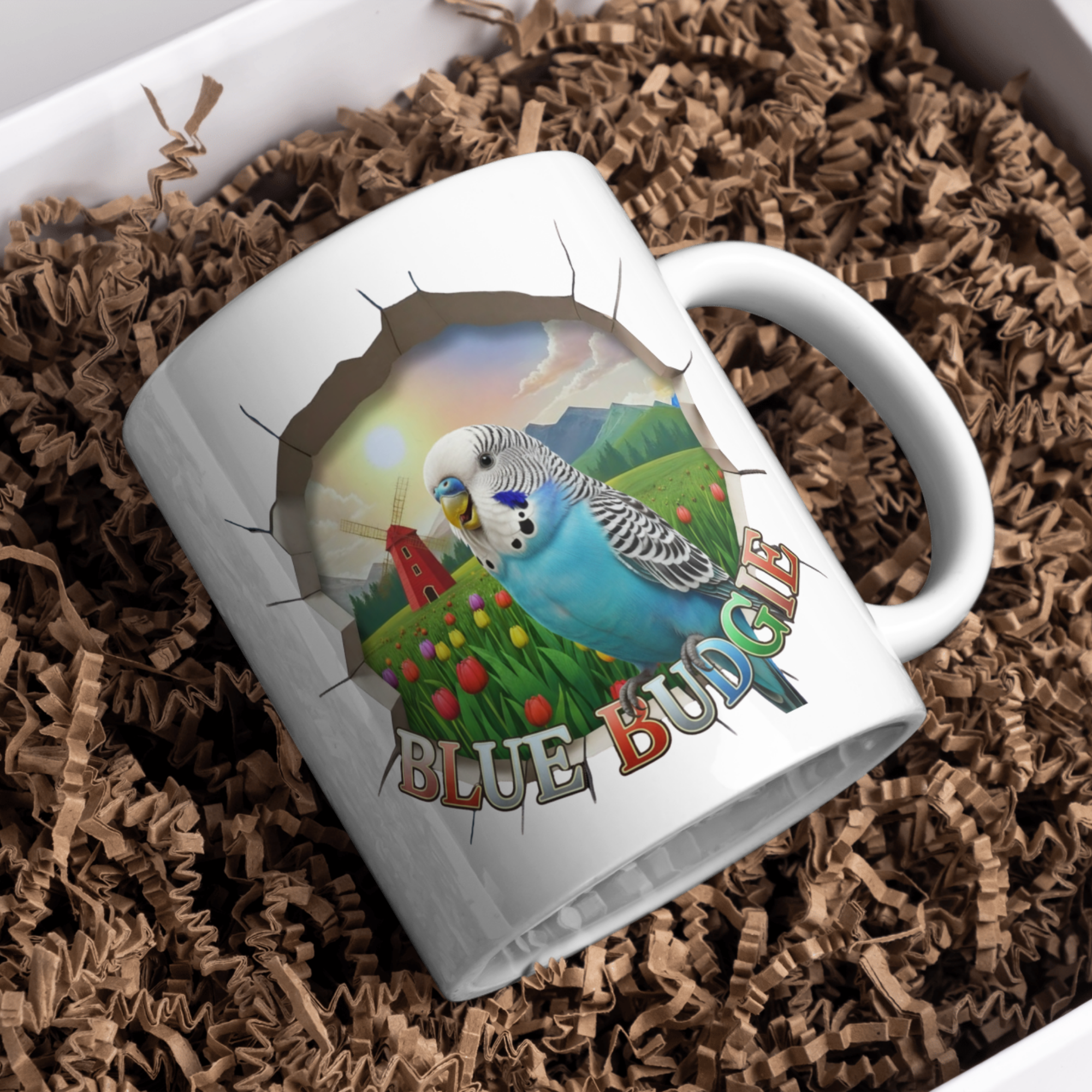 Blue Budgie Tulip Field Mug