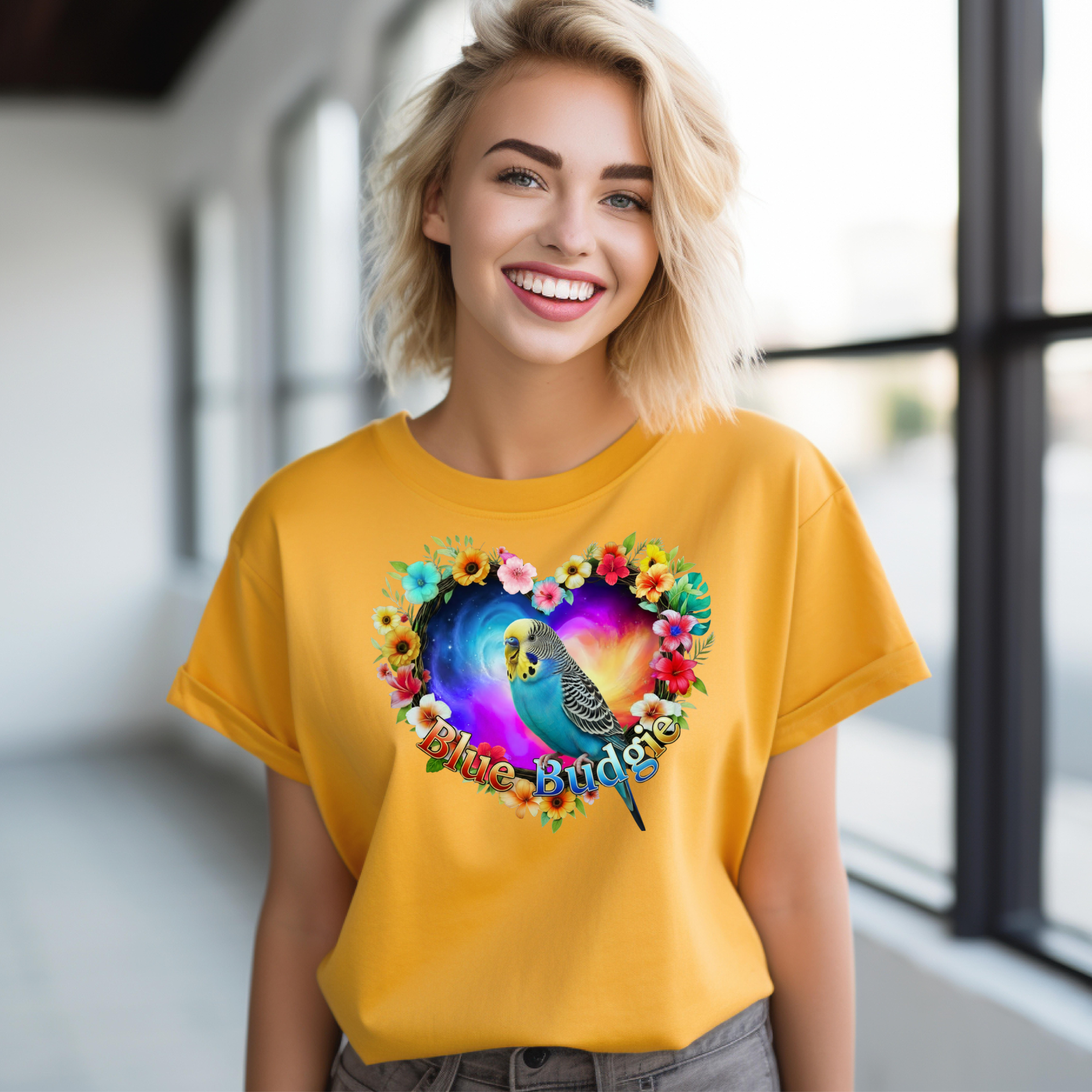 Blue Budgie Floral Heart T‑Shirt