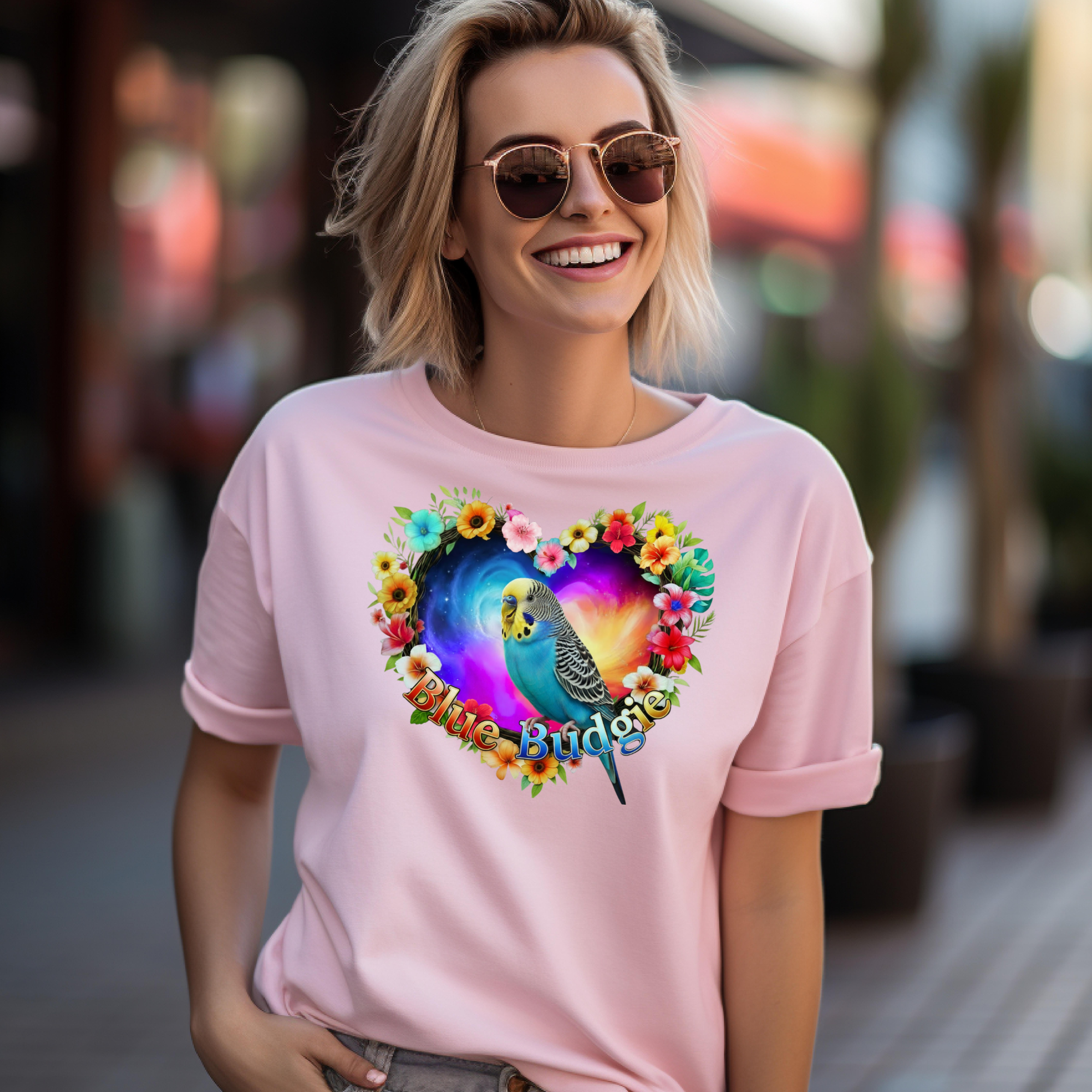 Blue Budgie Floral Heart T‑Shirt