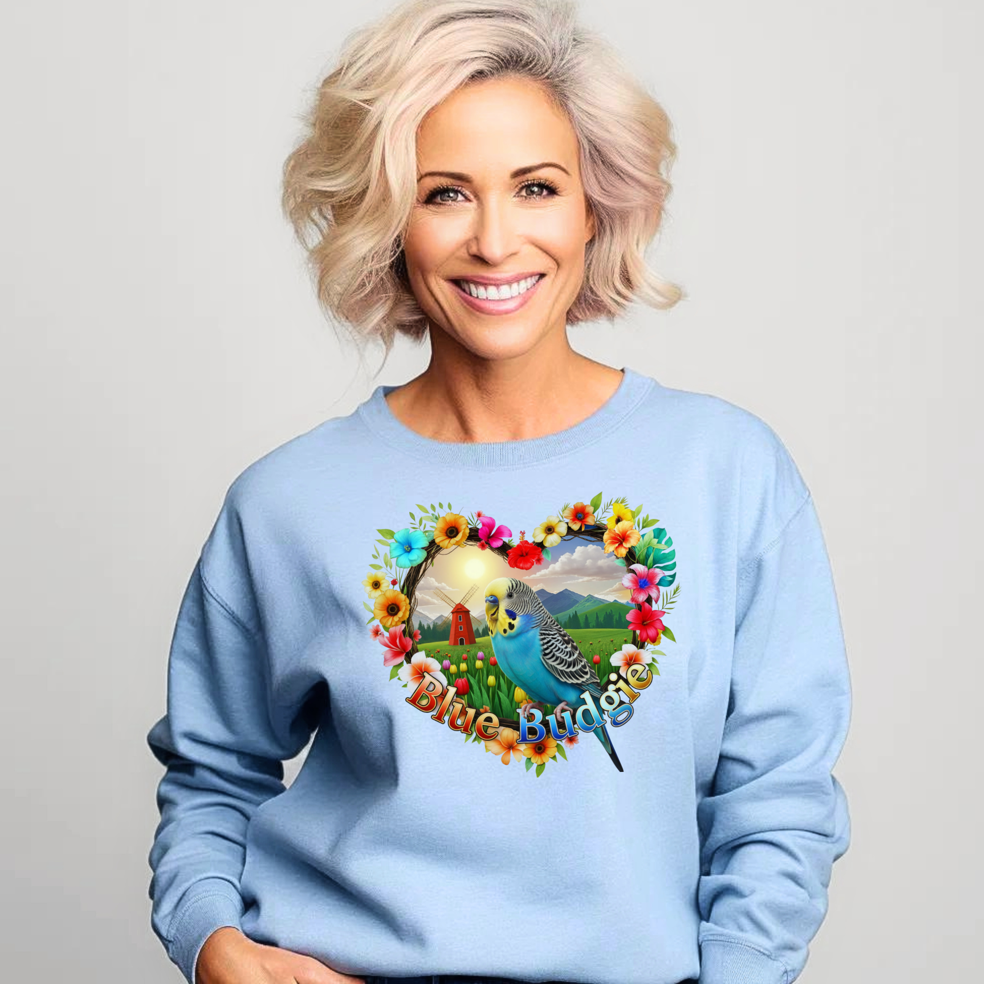 Blue Budgie Garden Scene Sweatshirt