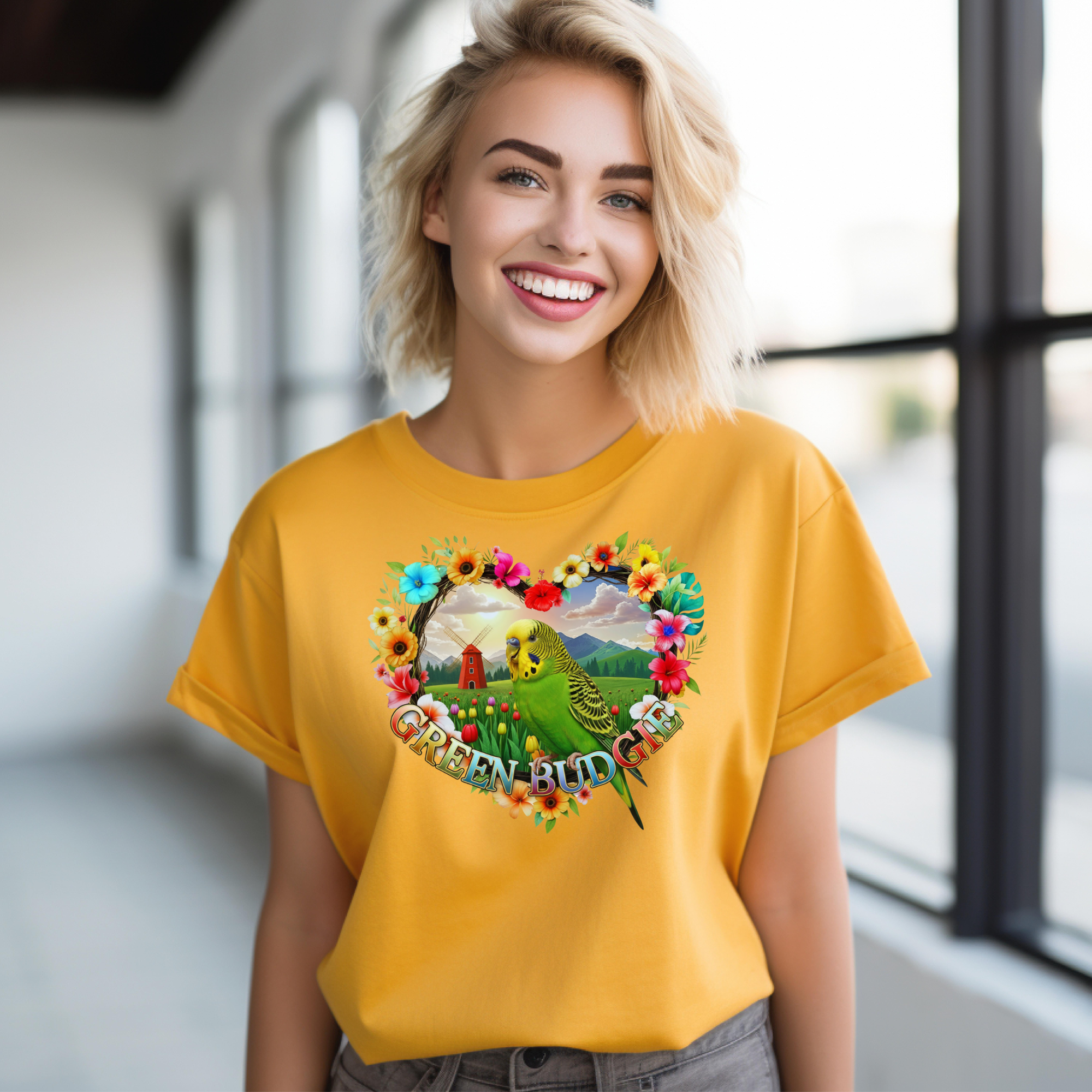 Green Budgie Floral Heart T-Shirt