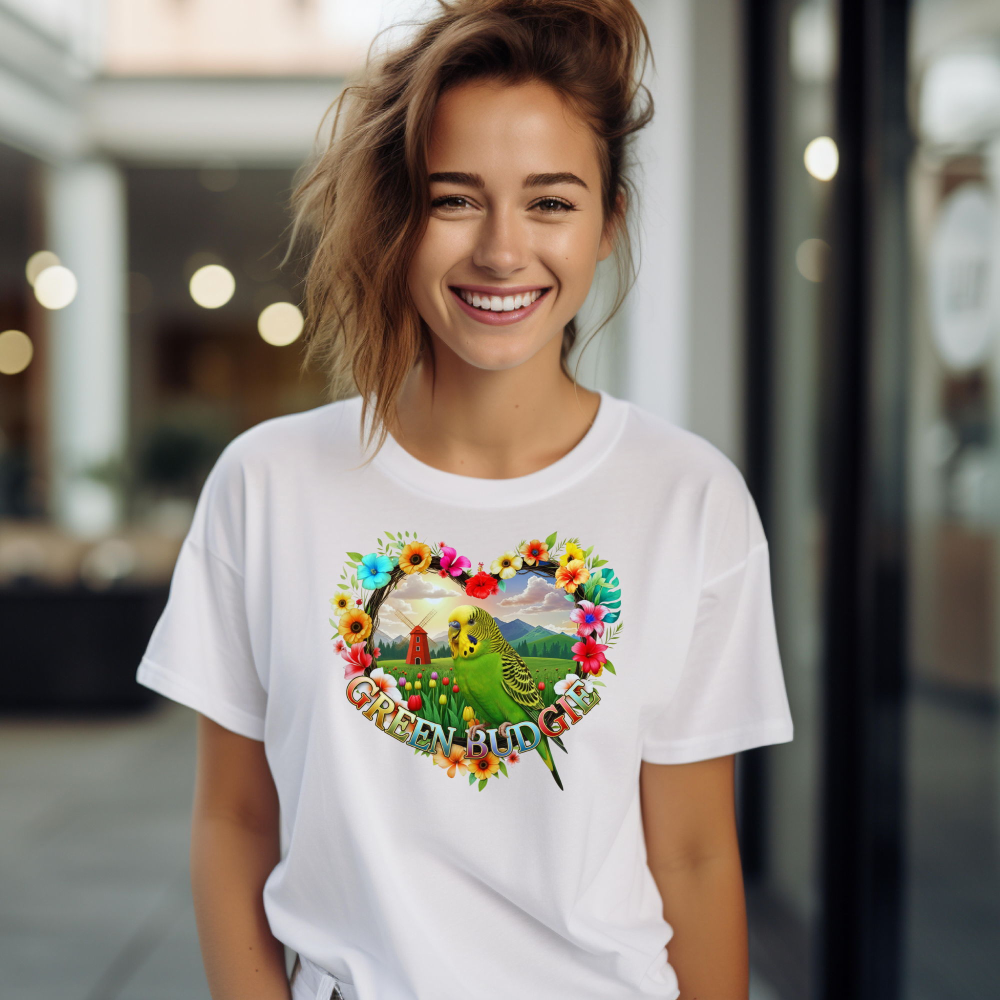 Green Budgie Floral Heart T-Shirt