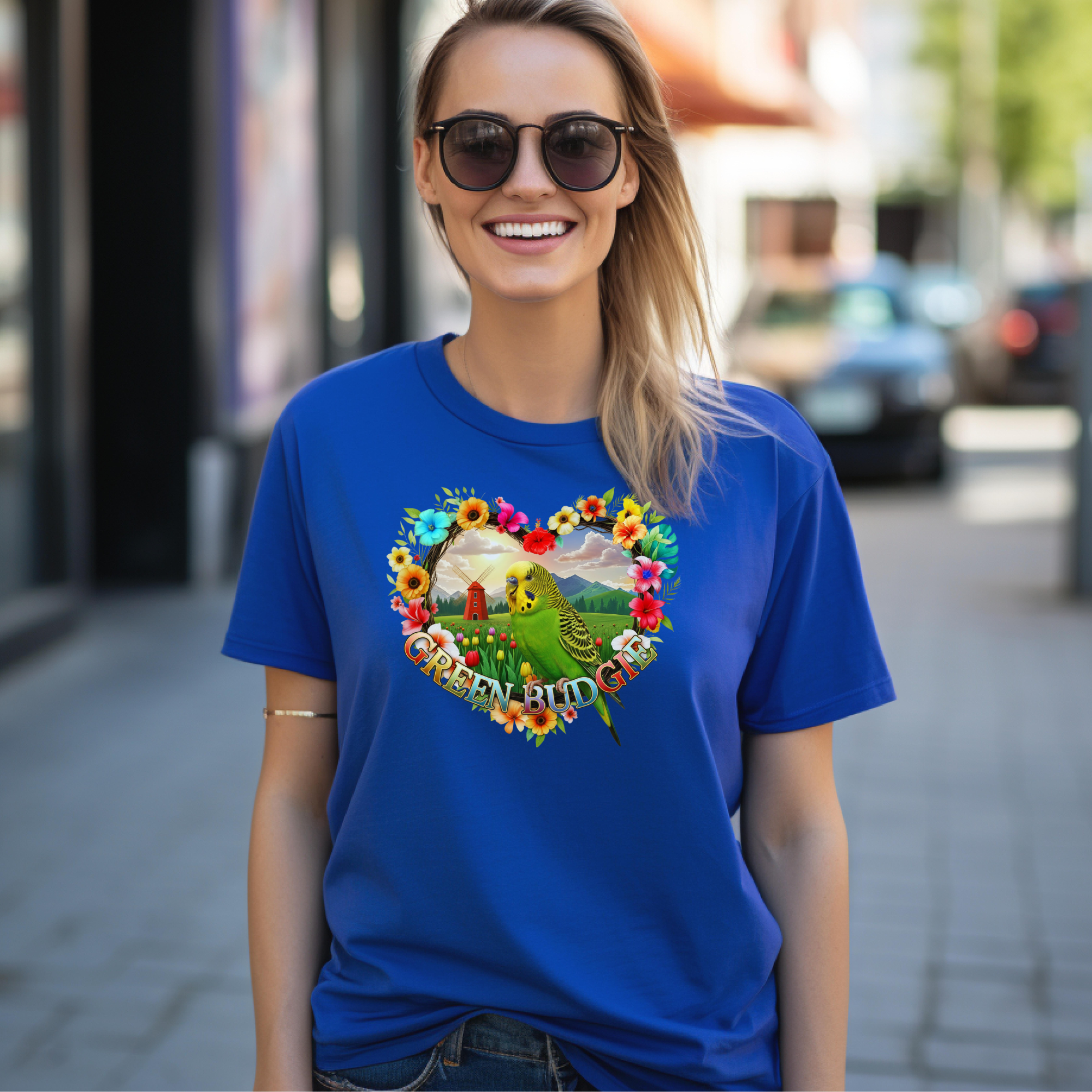 Green Budgie Floral Heart T-Shirt