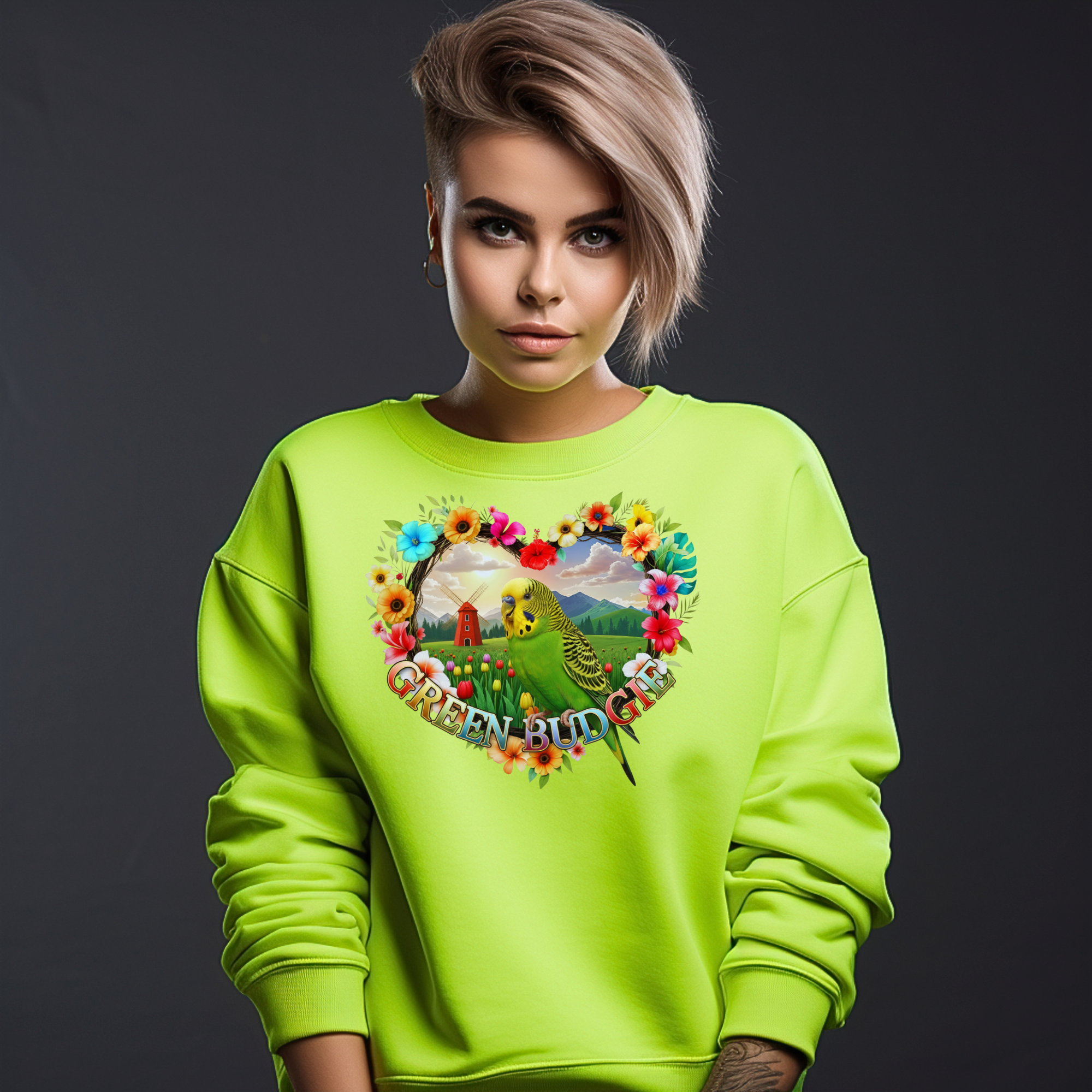 Green Budgie Floral Heart Sweatshirt