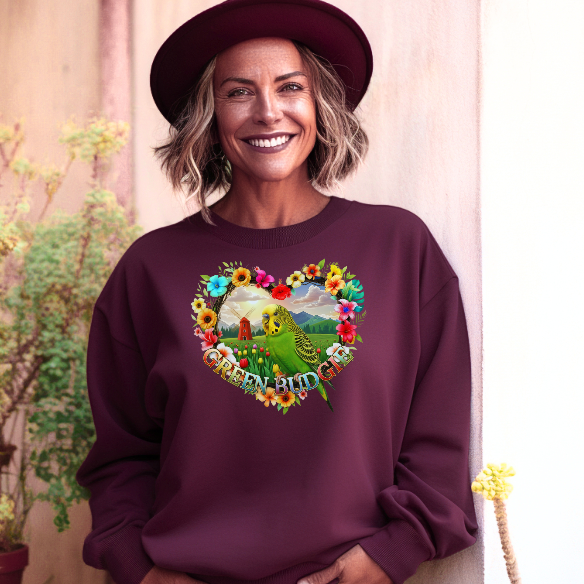 Green Budgie Floral Heart Sweatshirt