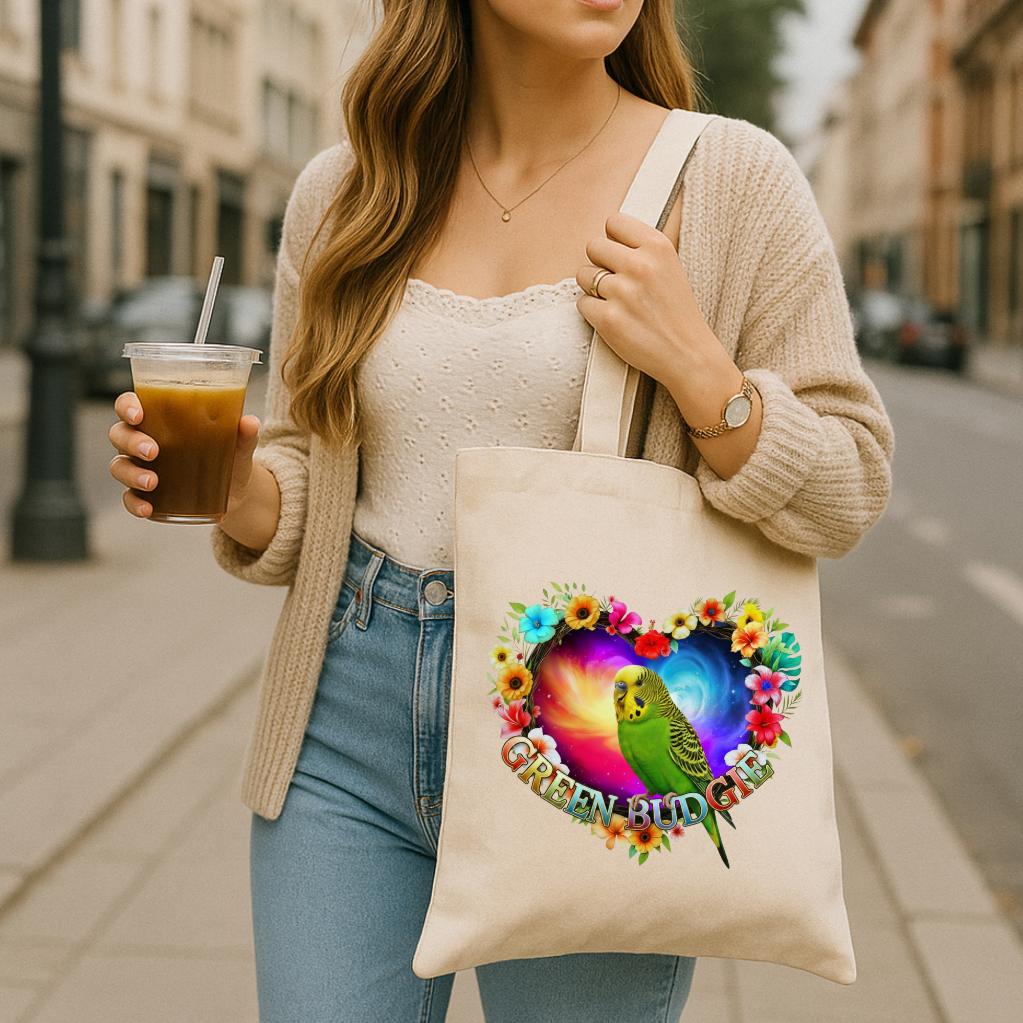 Green Budgie Floral Heart Tote Bag