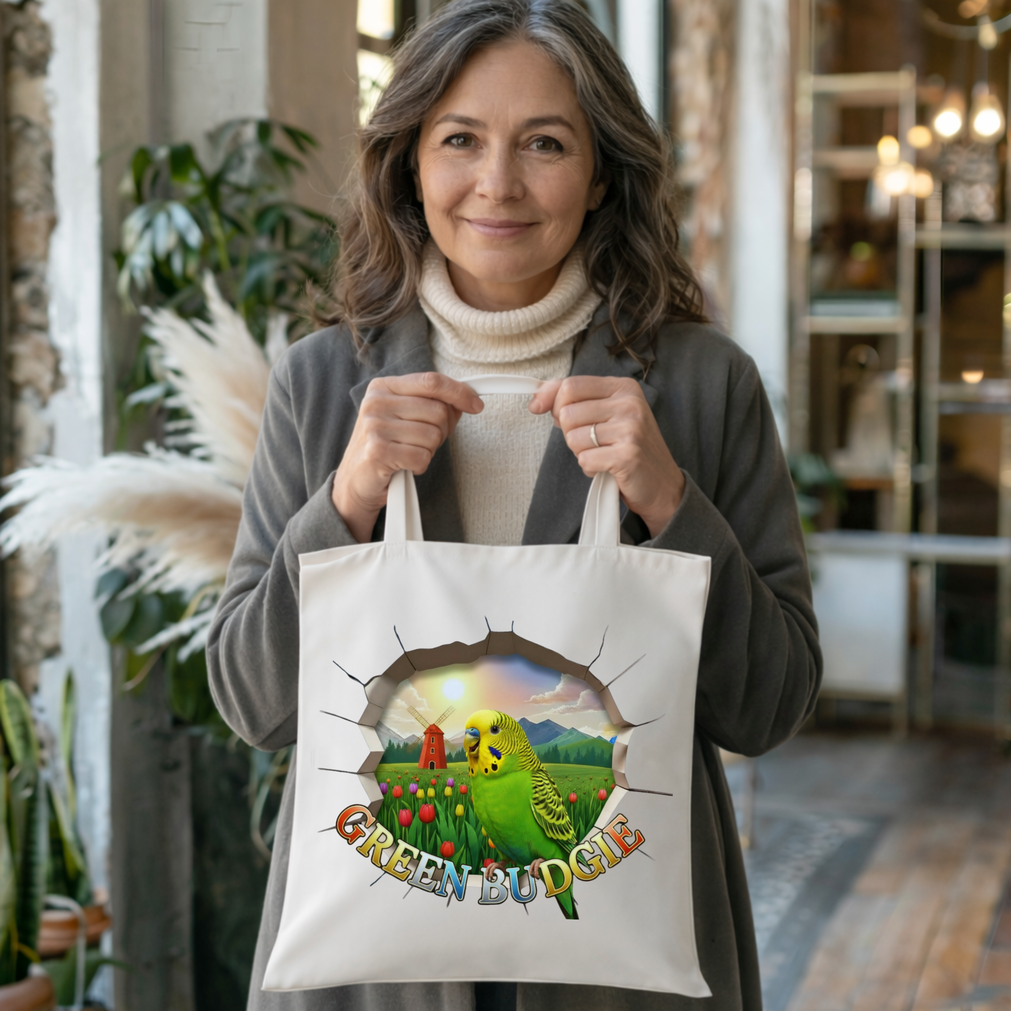 Green Budgie Garden Scene Tote Bag