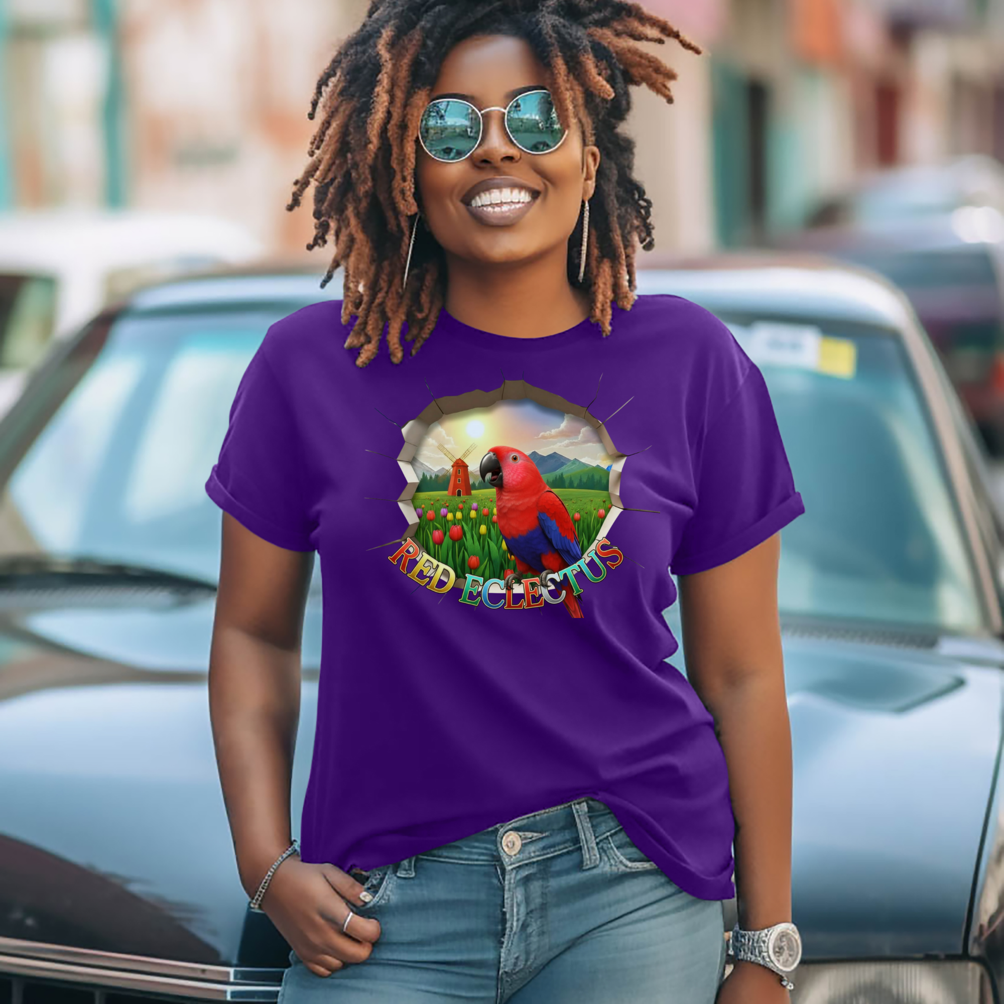 Red Eclectus Windmill Field T‑Shirt