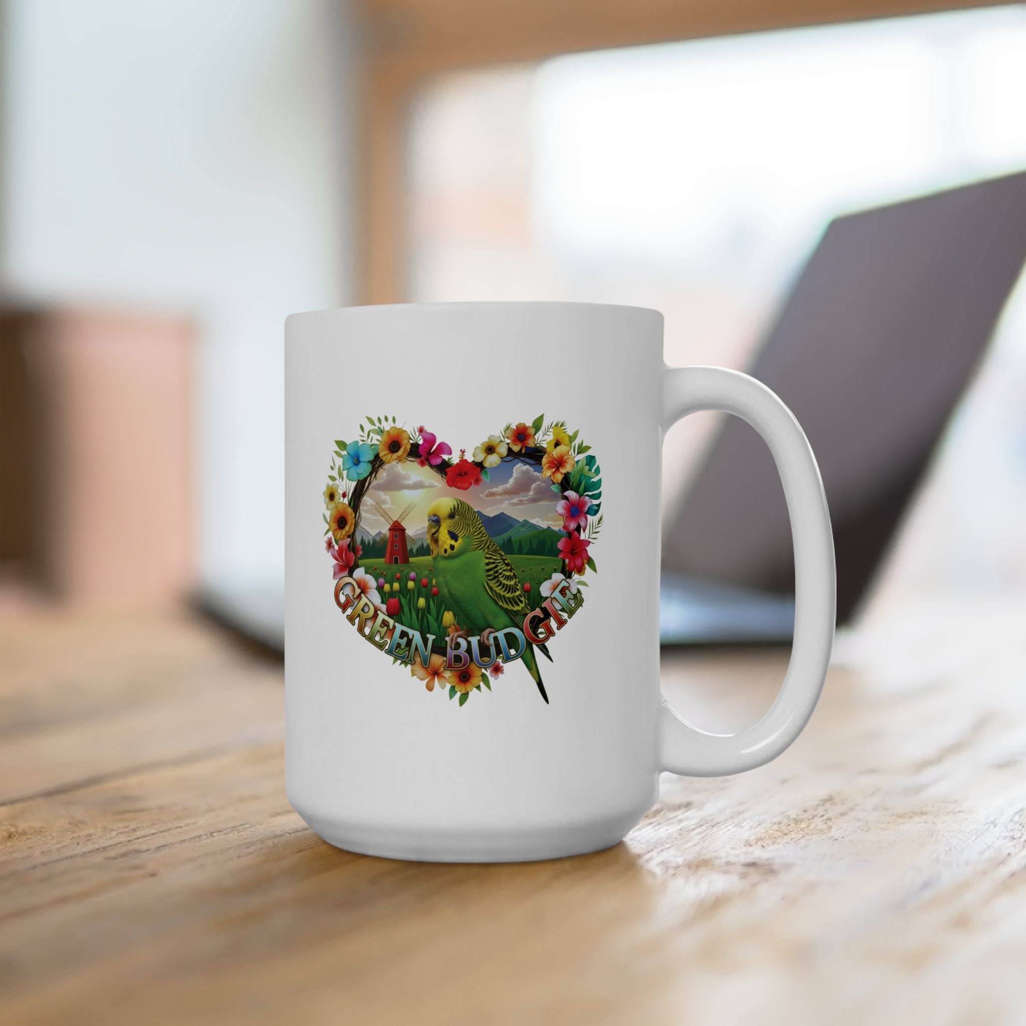 Green Budgie Floral Mug