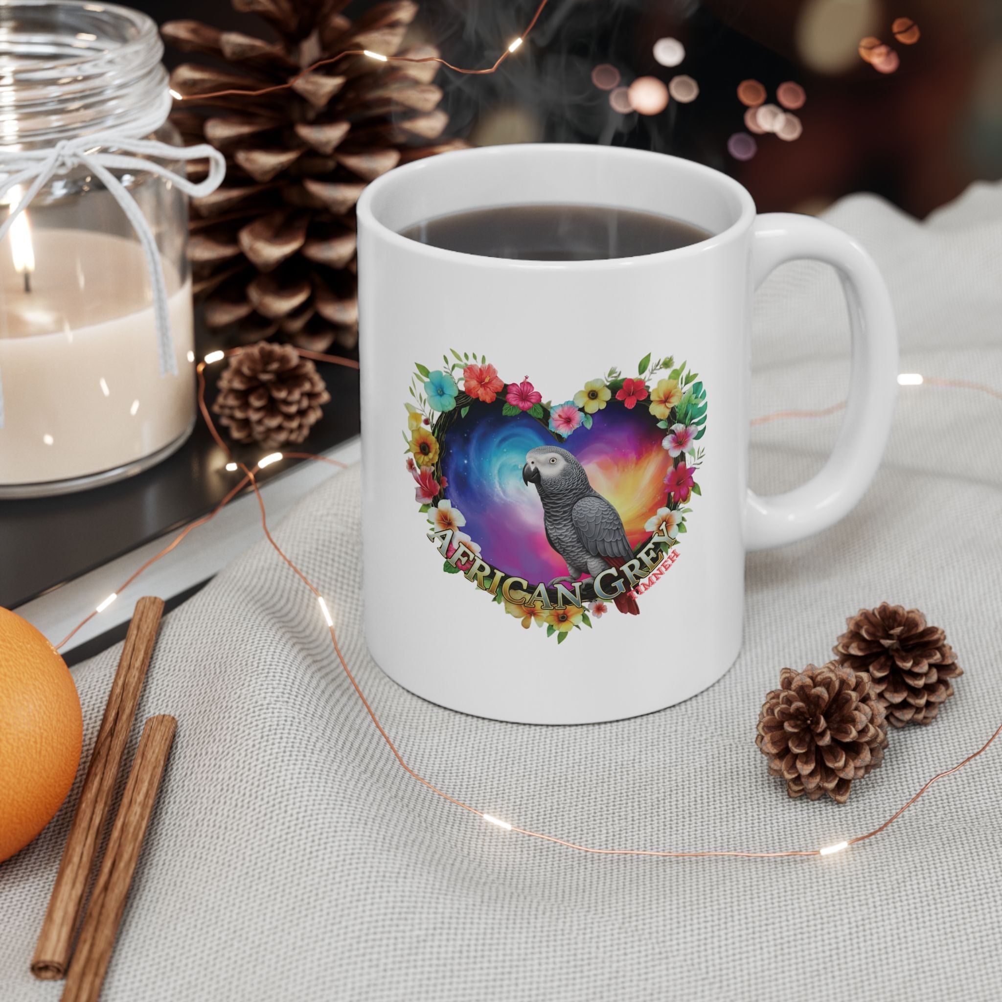 African Grey Timneh Floral Heart Mug