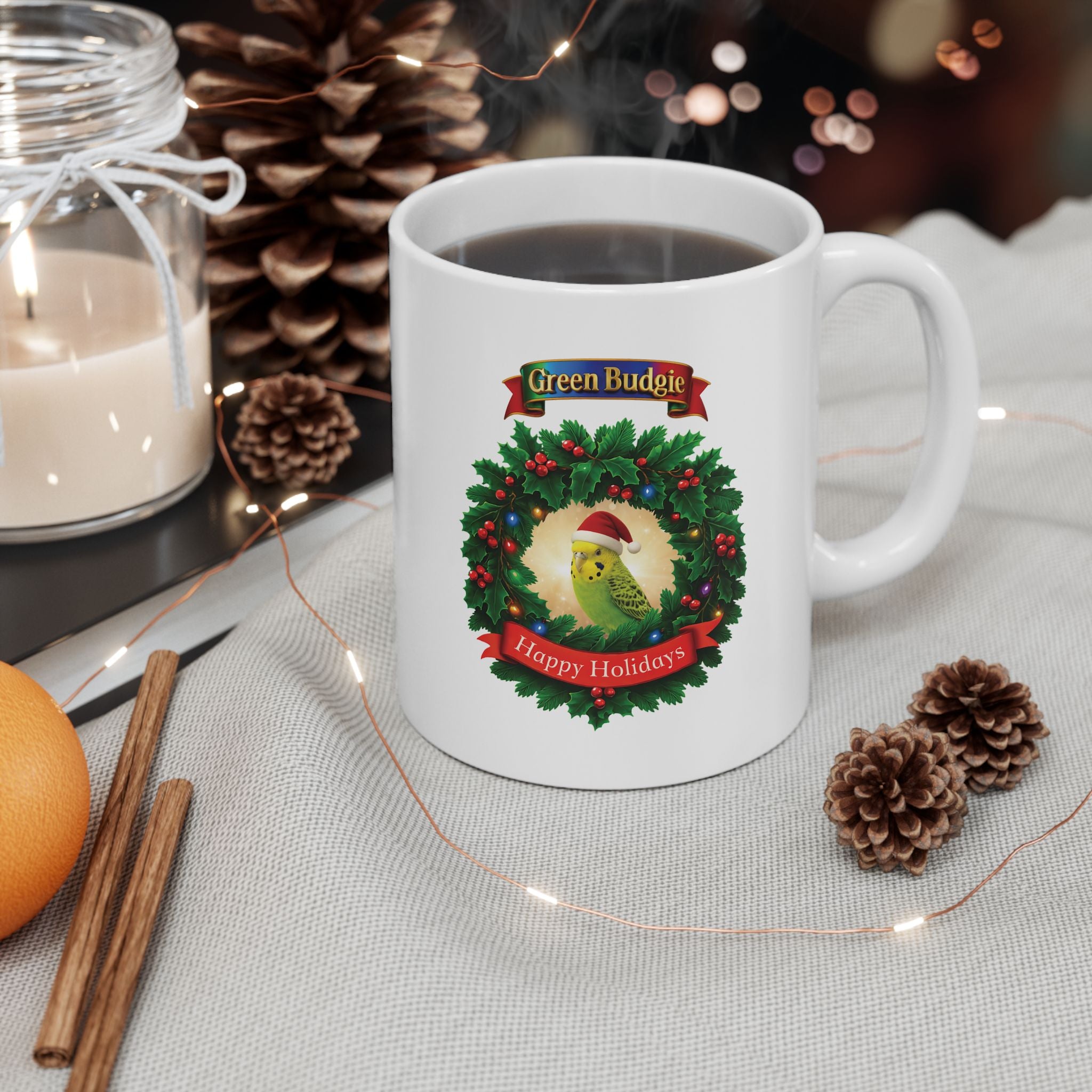 Green Budgie Happy Holidays Mug