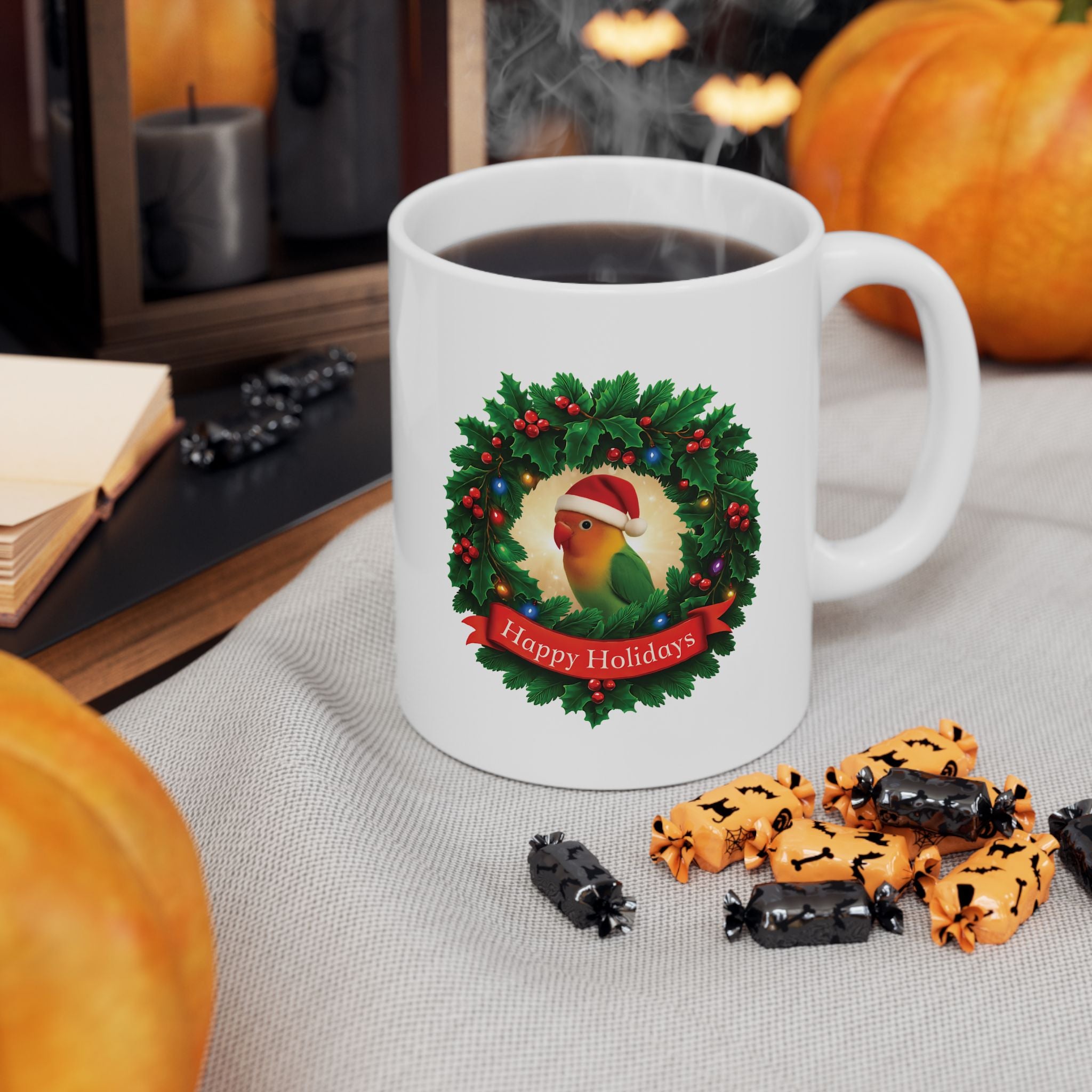 Happy Holidays Lovebird Wreath Mug