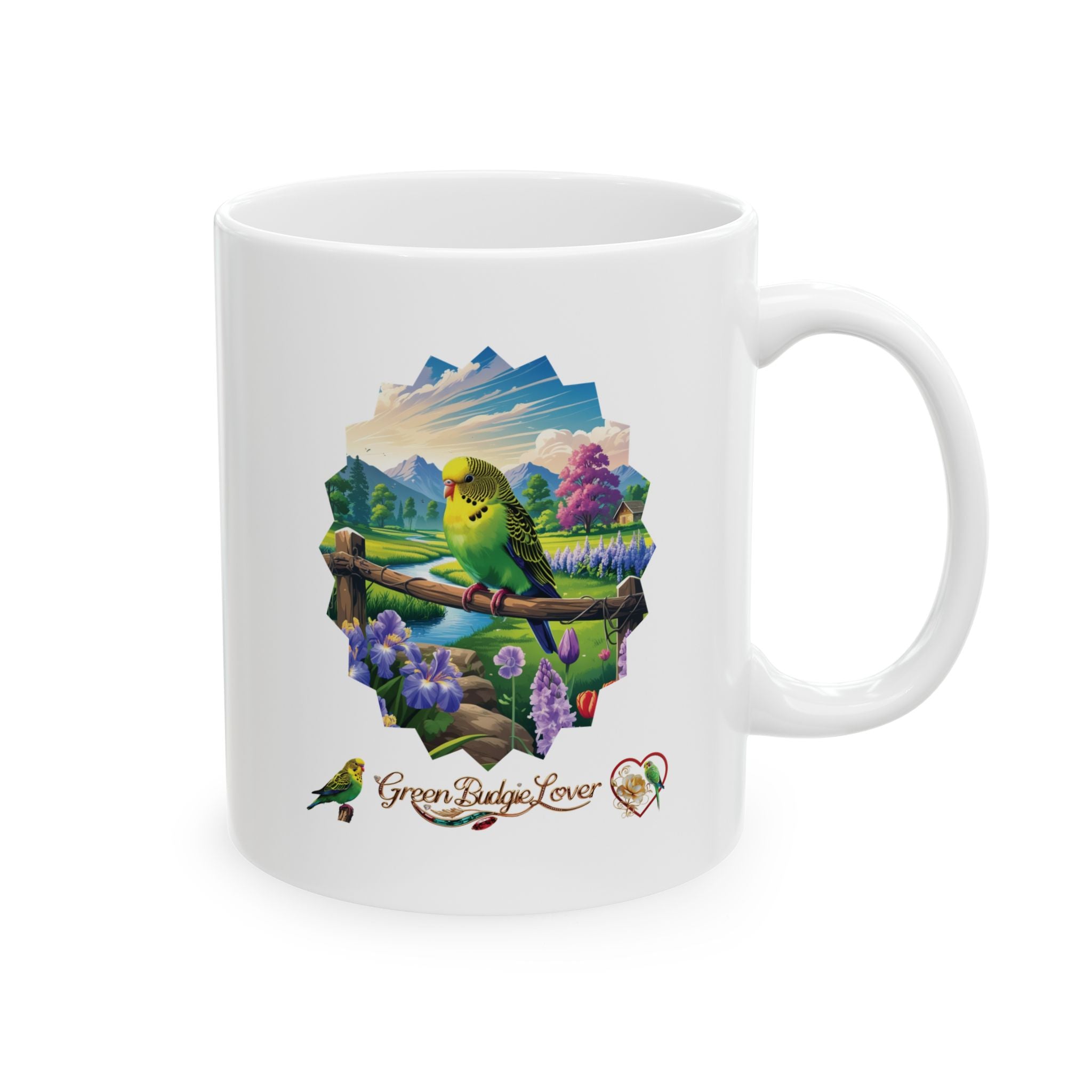 Green Budgie Lover Floral Scenic Mug