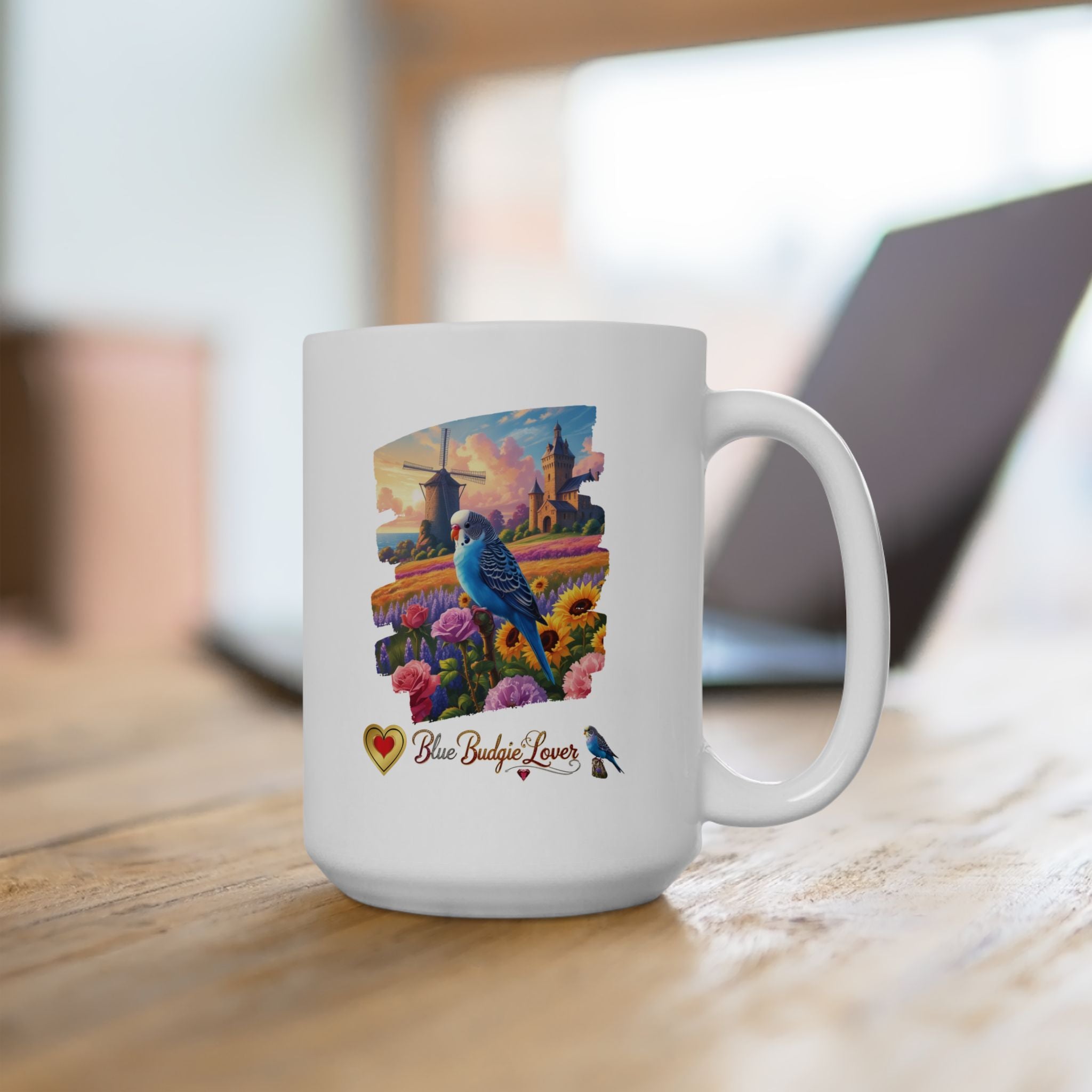 Blue Budgie Lover Flower Field Mug