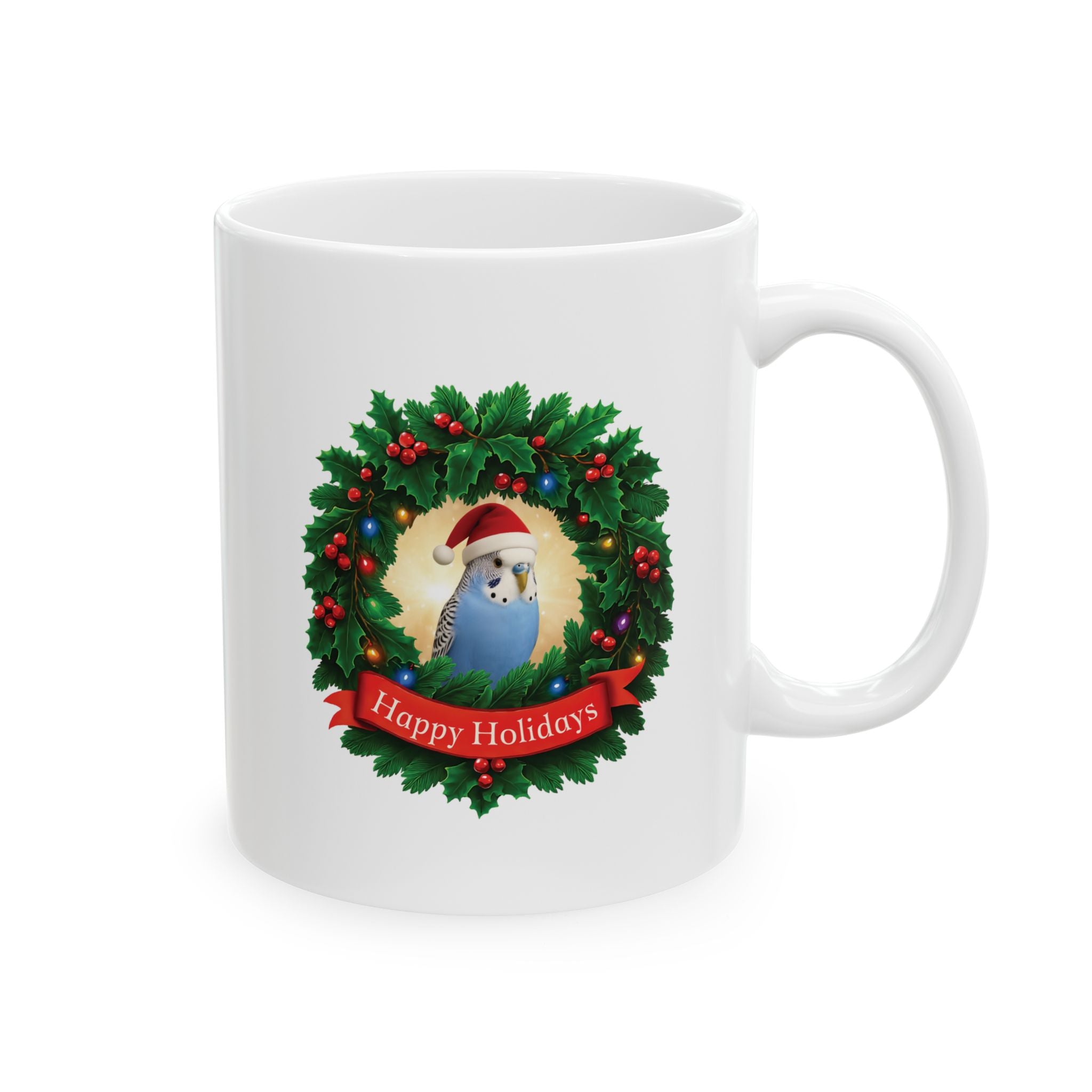 Happy Holidays Blue Budgie Mug