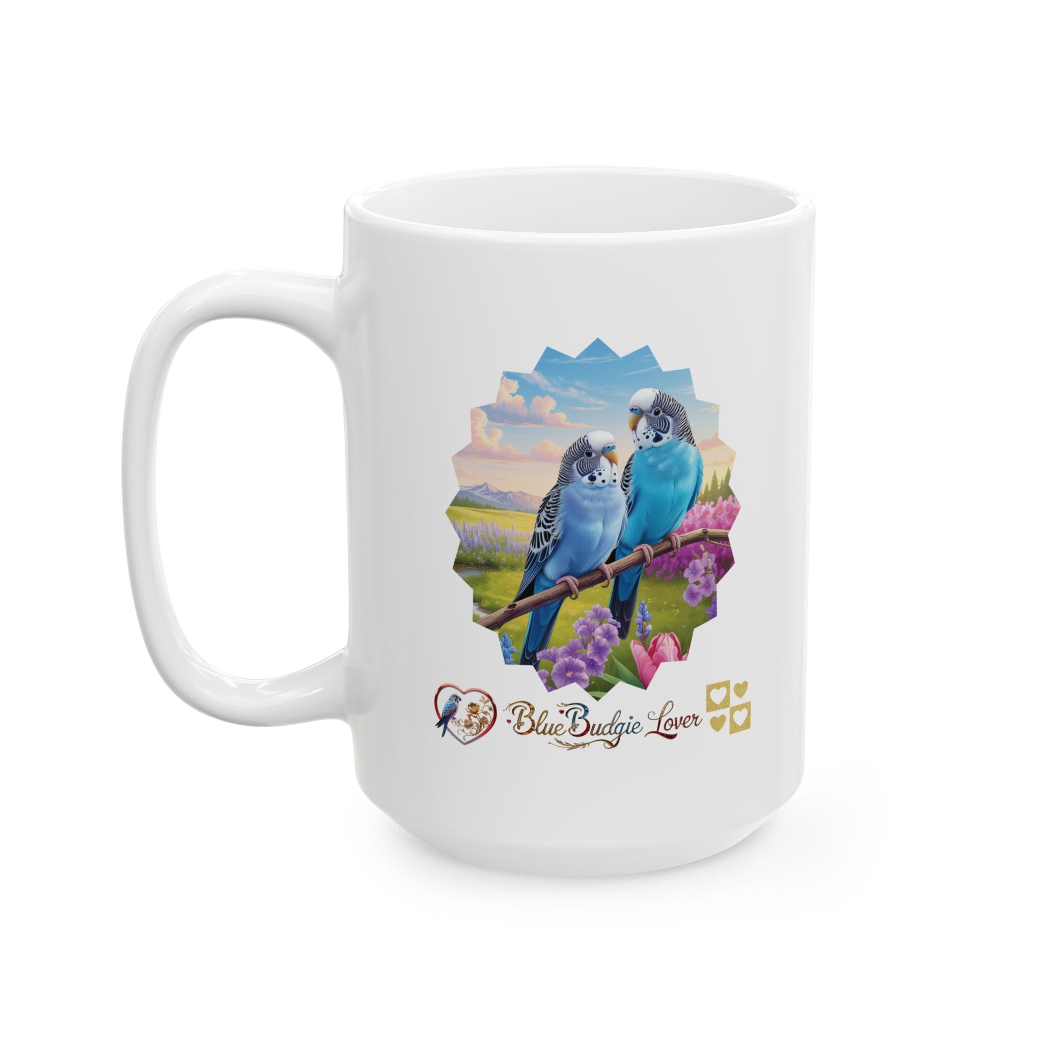 Blue Budgie Lover Floral Scenic Mug