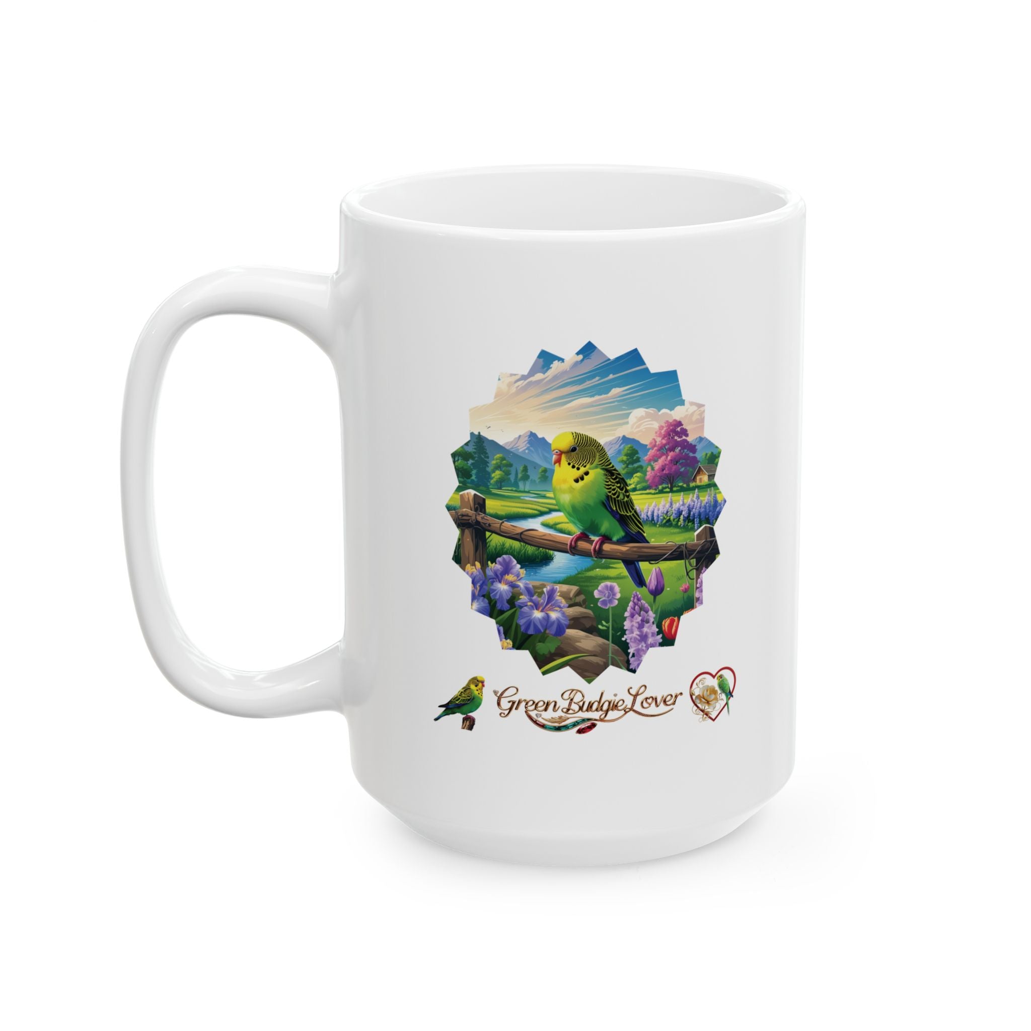 Green Budgie Lover Floral Scenic Mug