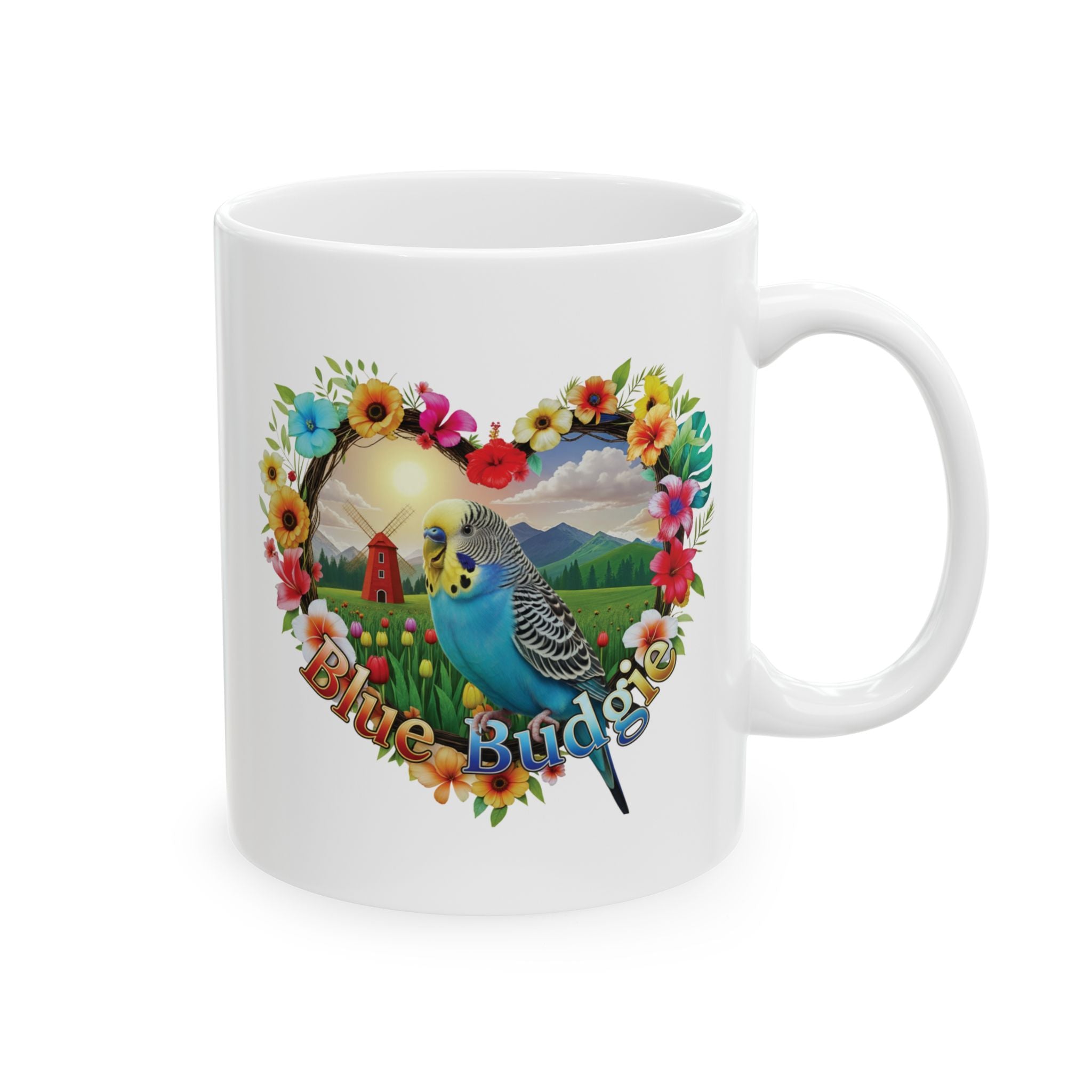 Blue Budgie Garden Scene Mug