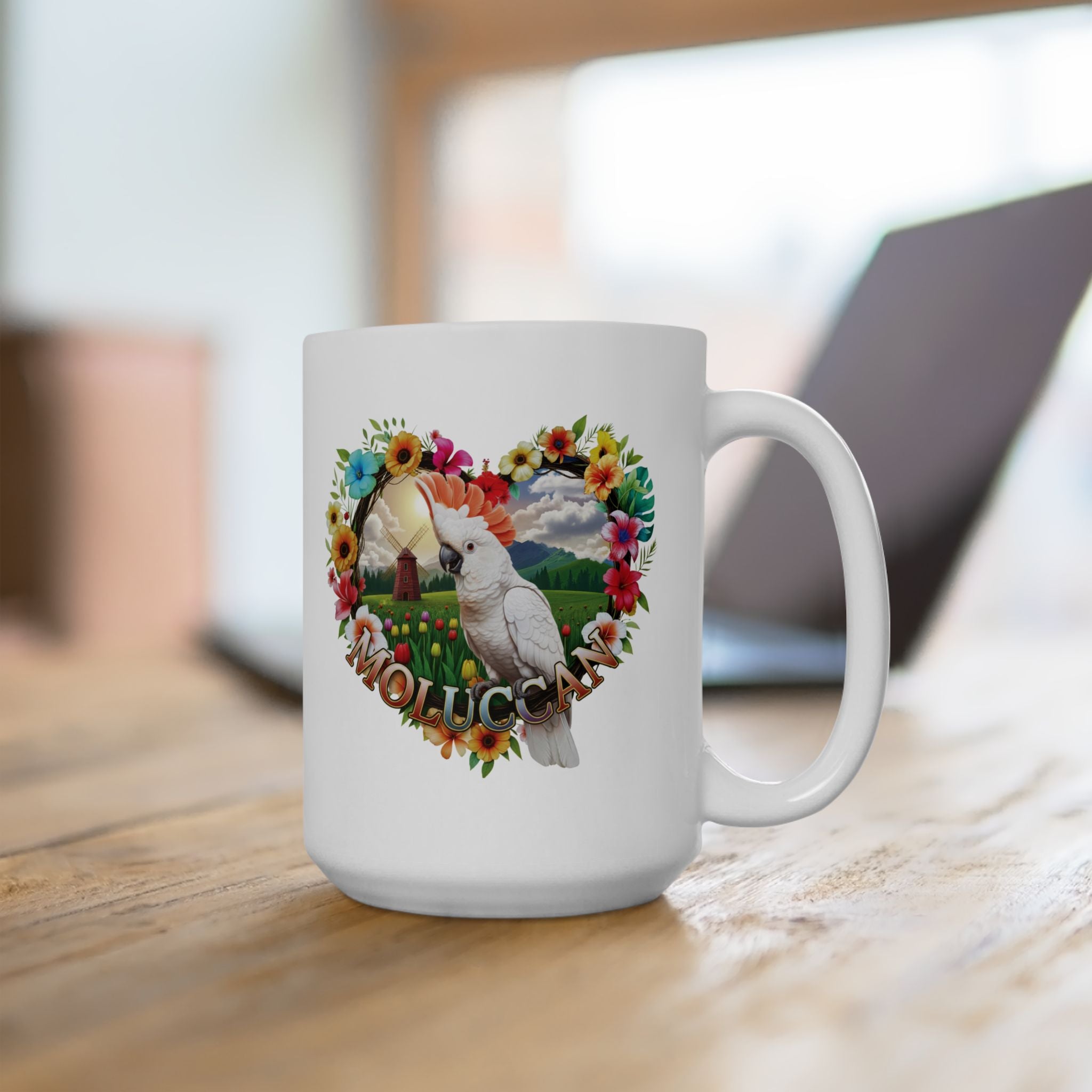 White Moluccan Floral Heart Mug