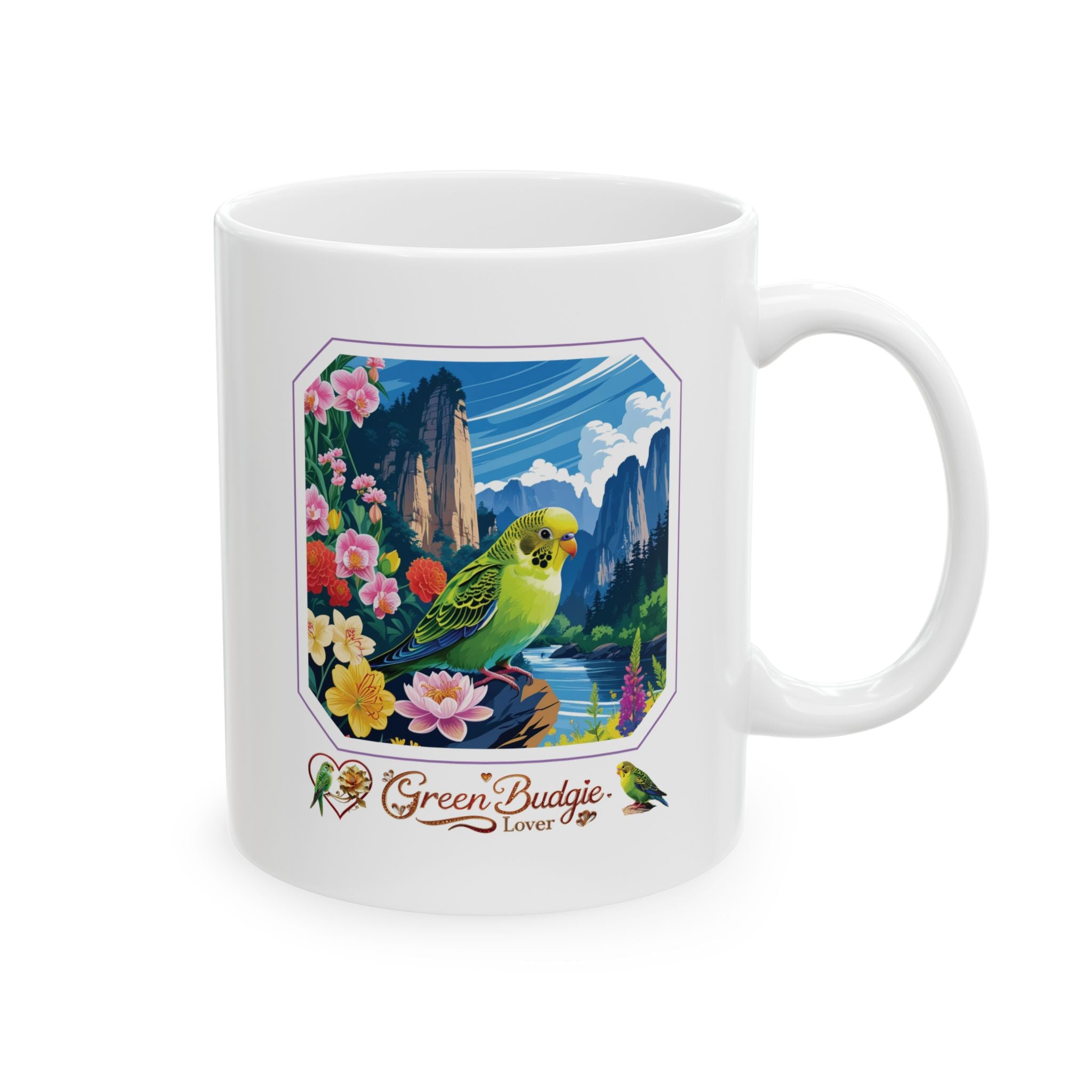 Green Budgie Spring Mountain Mug