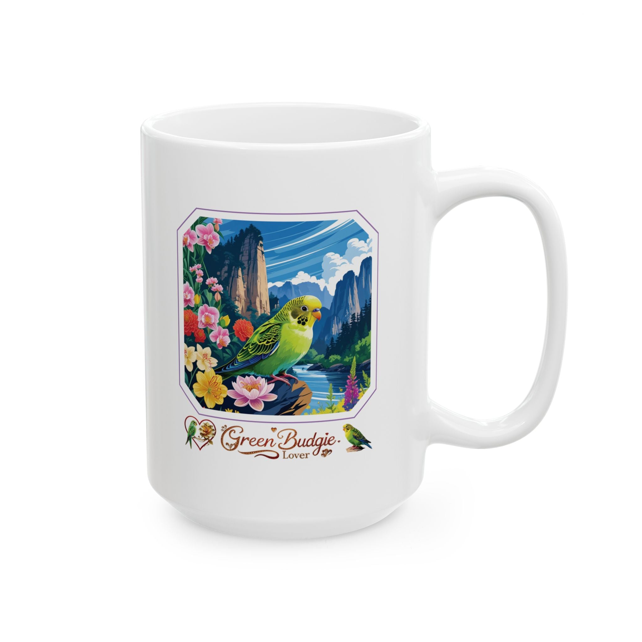 Green Budgie Spring Mountain Mug