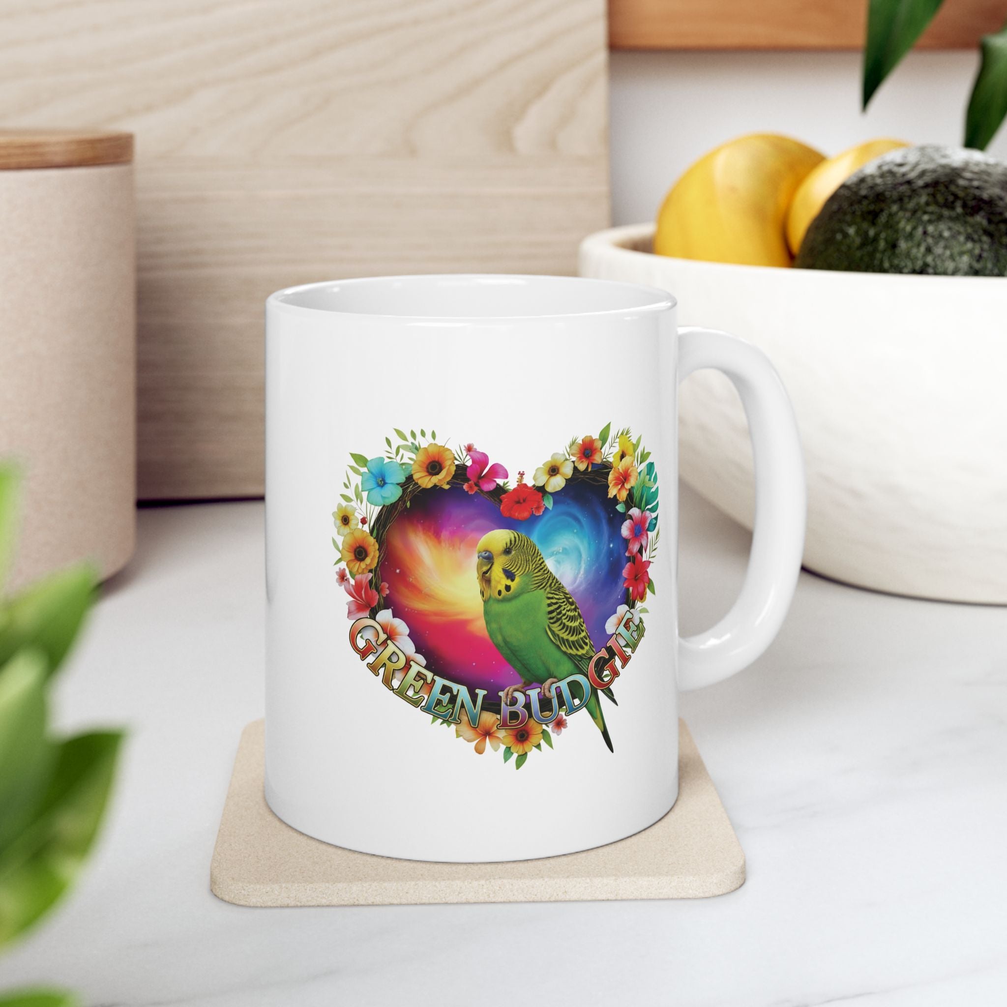 Green Budgie Galaxy Heart Mug