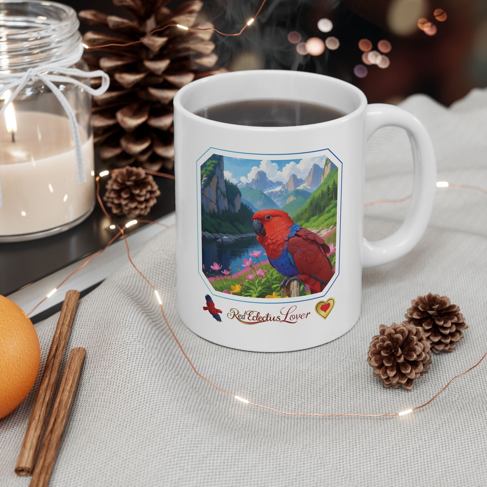 Red Eclectus Lover Mountain Lake Mug