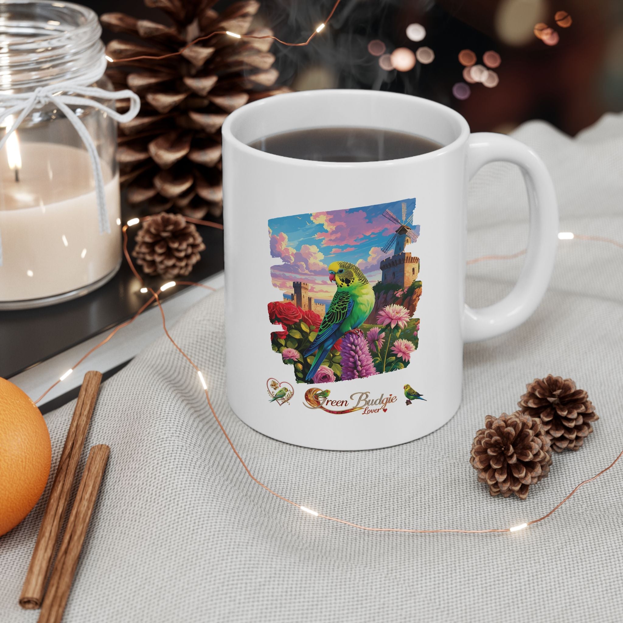 Green Budgie Lover Floral Mug