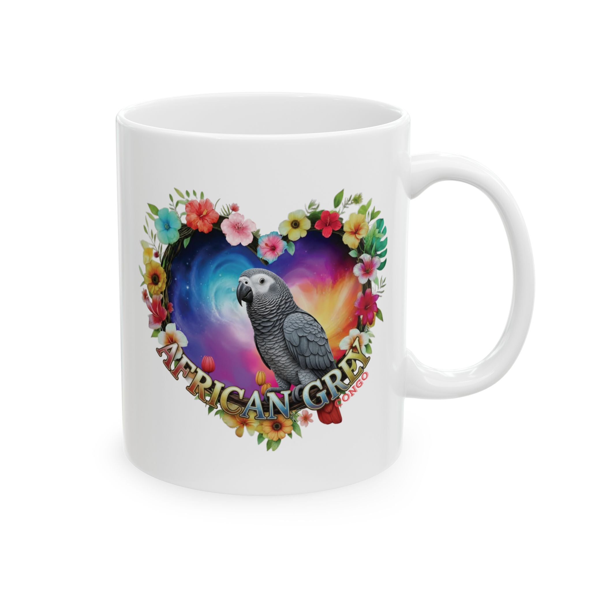 African Grey Floral Heart Mug