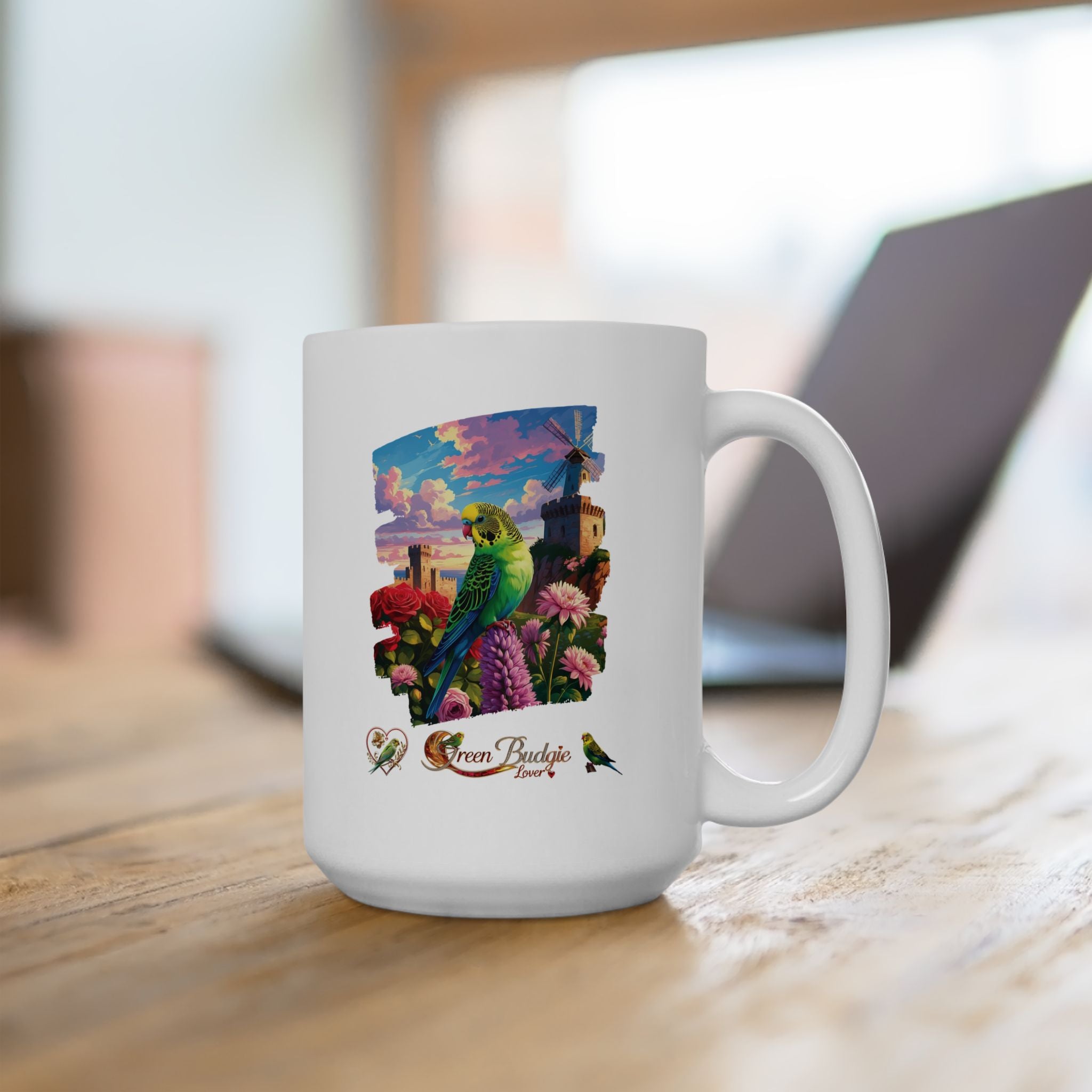 Green Budgie Lover Floral Mug