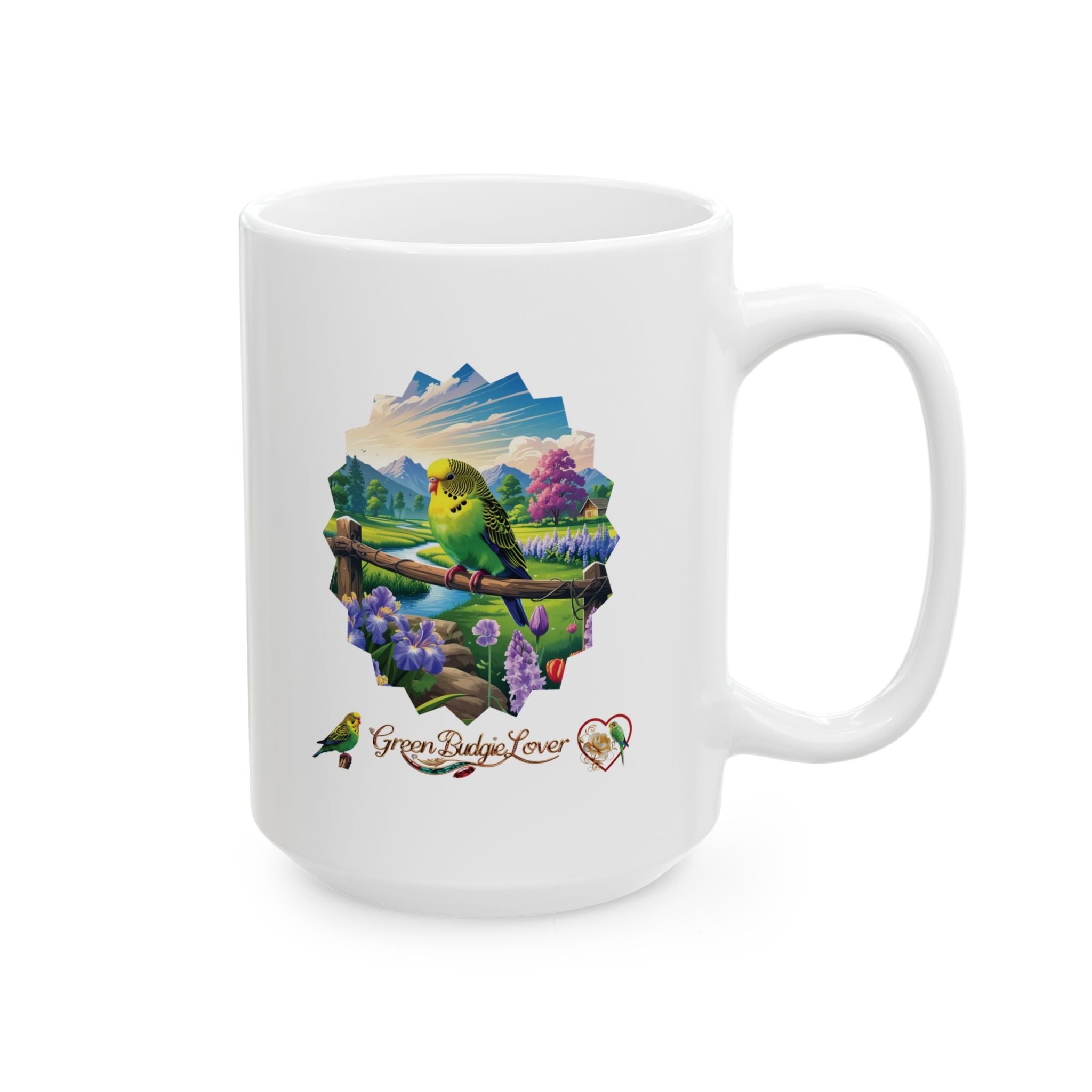 Green Budgie Lover Floral Scenic Mug