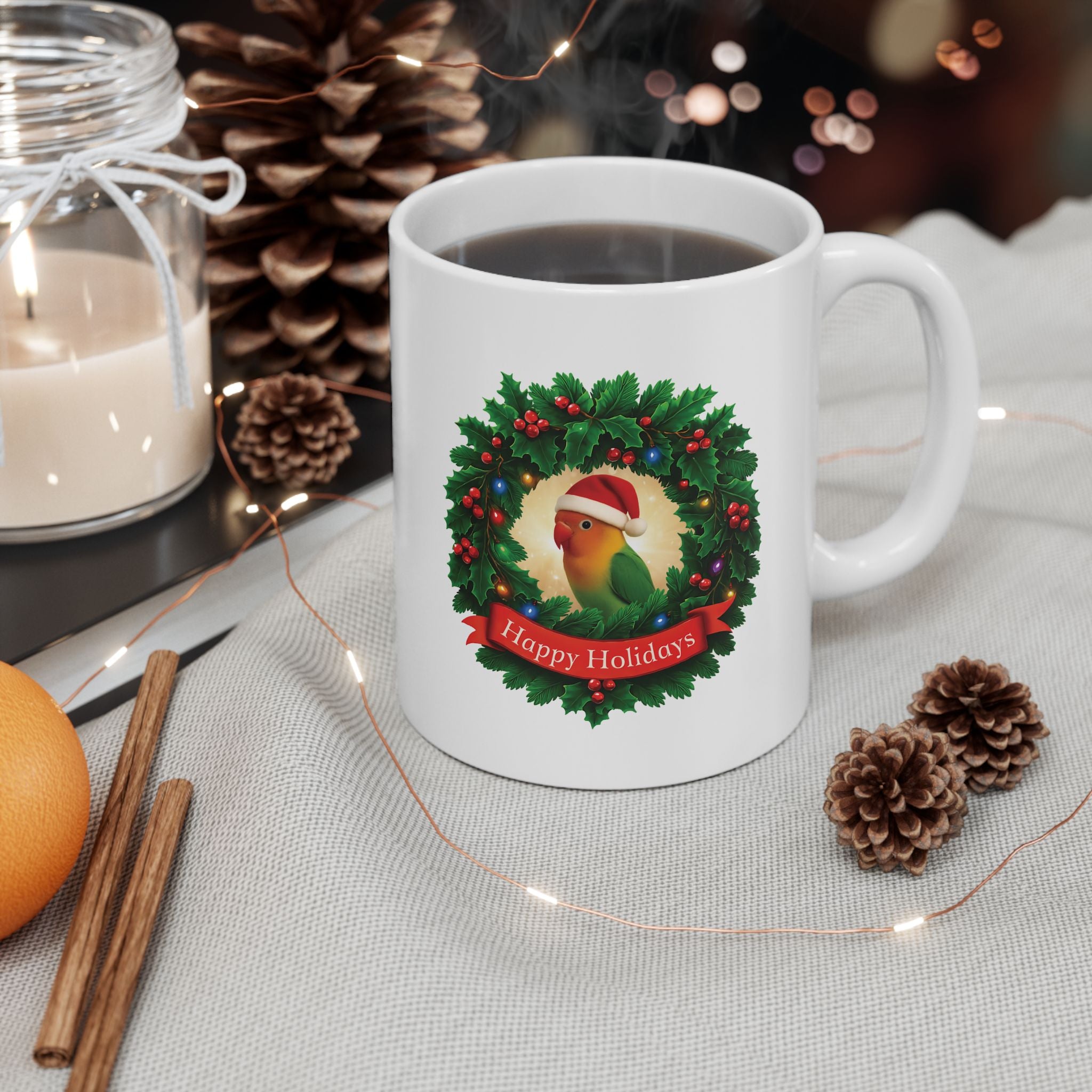 Happy Holidays Lovebird Wreath Mug
