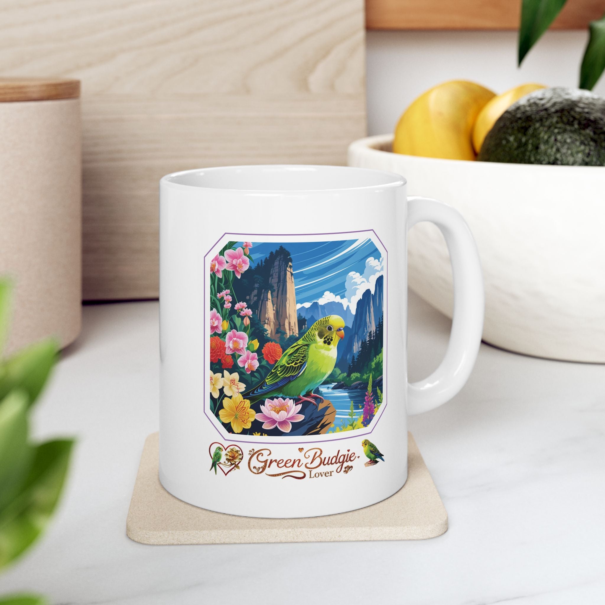 Green Budgie Spring Mountain Mug