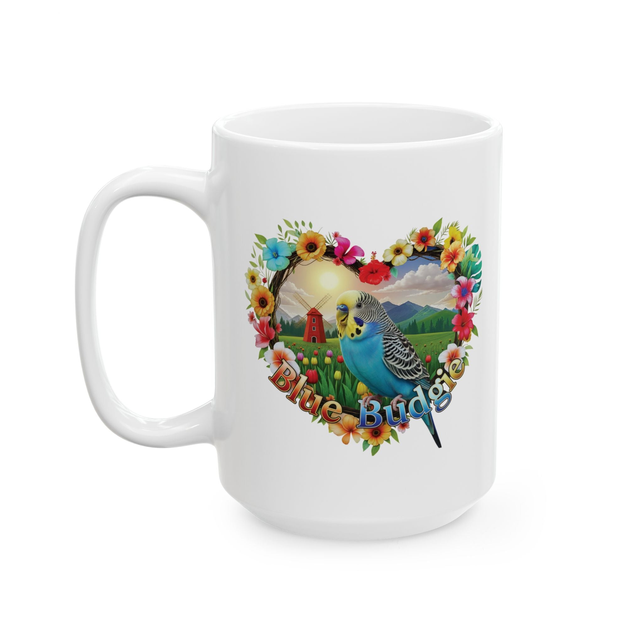 Blue Budgie Garden Scene Mug