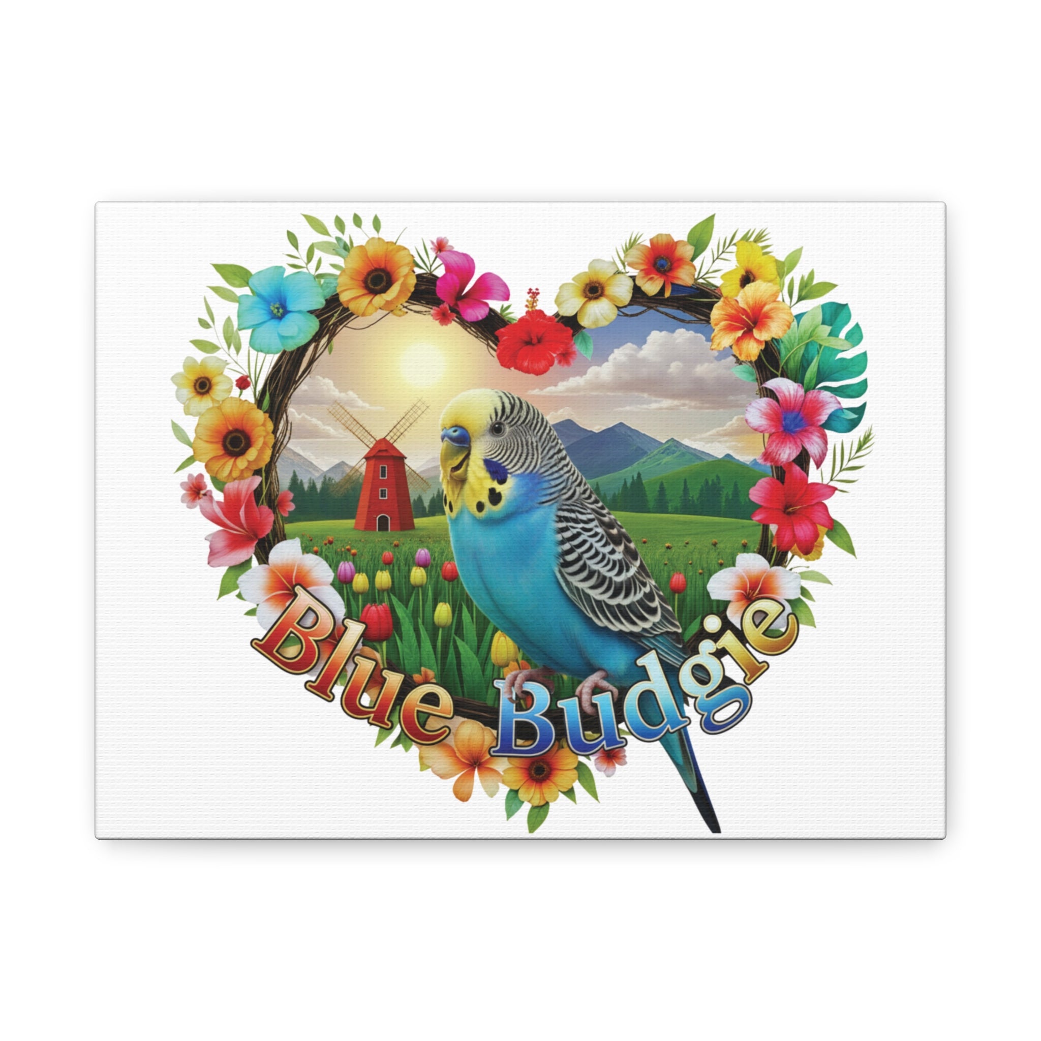 Blue Budgie Floral Heart Wall-Hanging