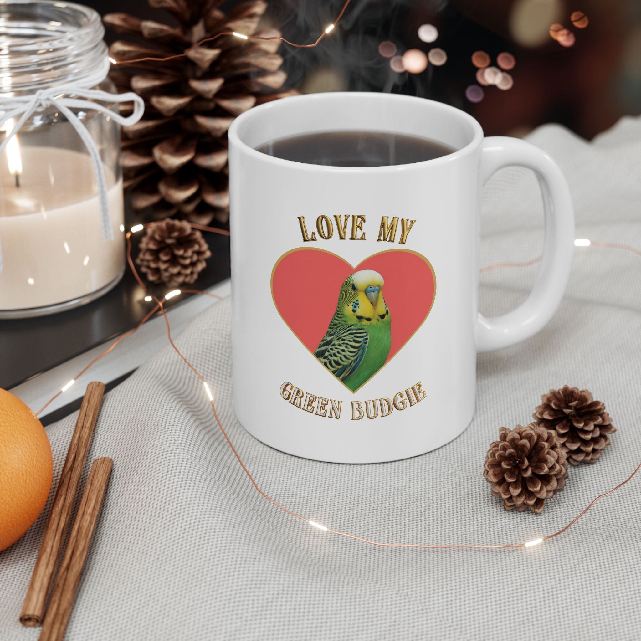 Love My Green Budgie Heart Mug