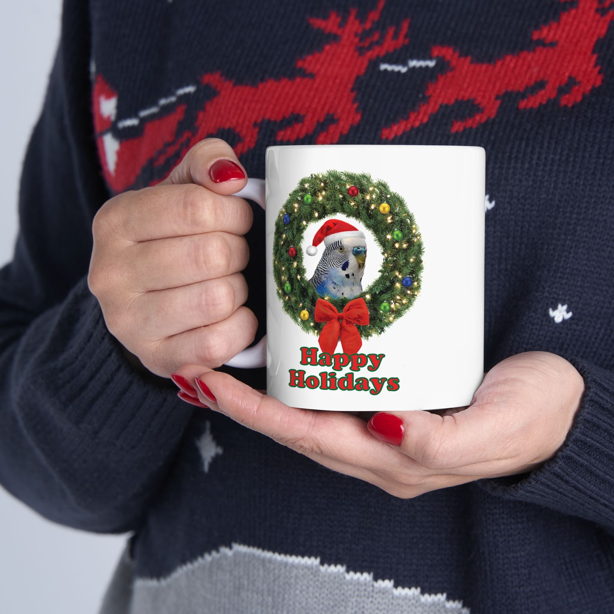 Happy Christmas Holidays Blue Budgie Mug
