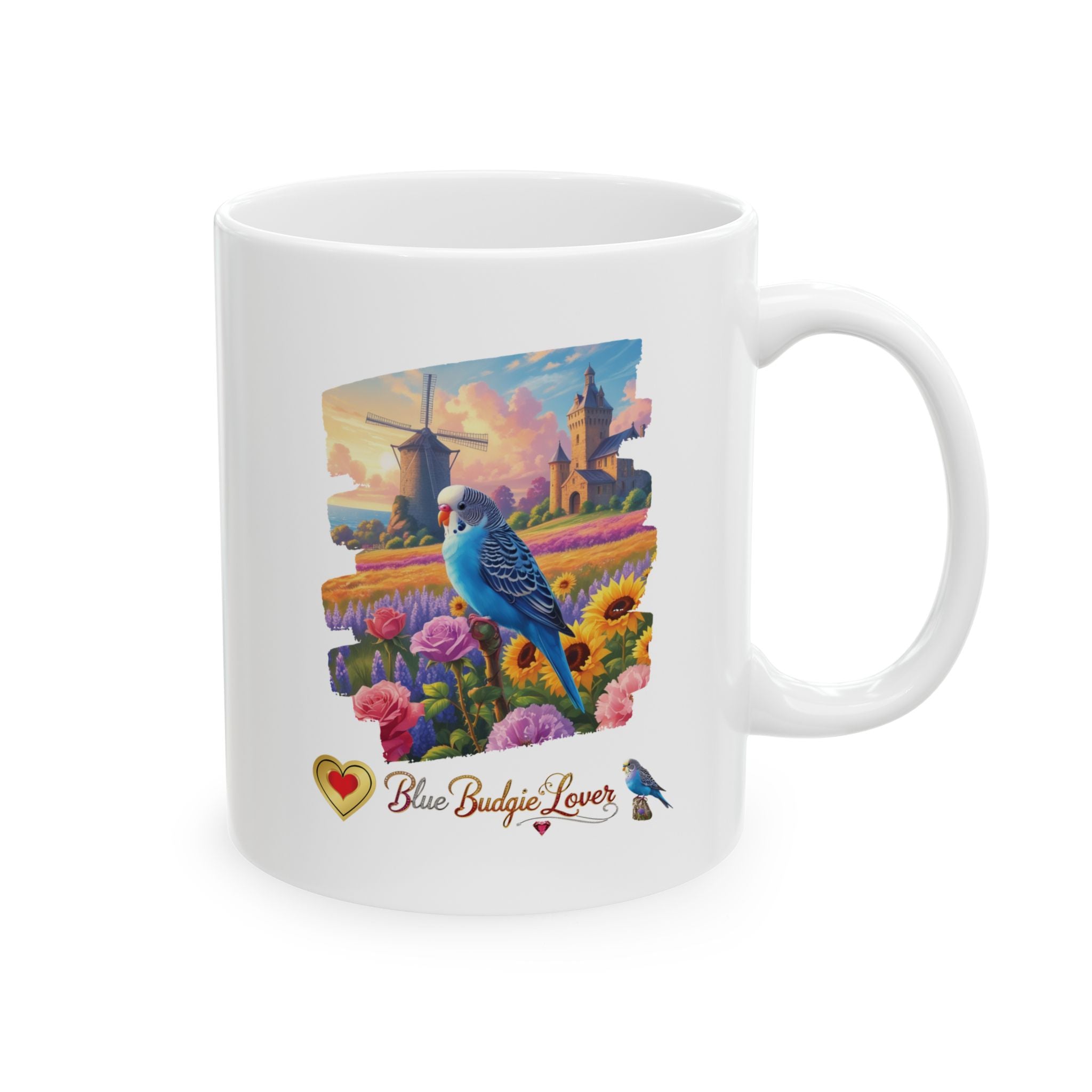 Blue Budgie Lover Flower Field Mug